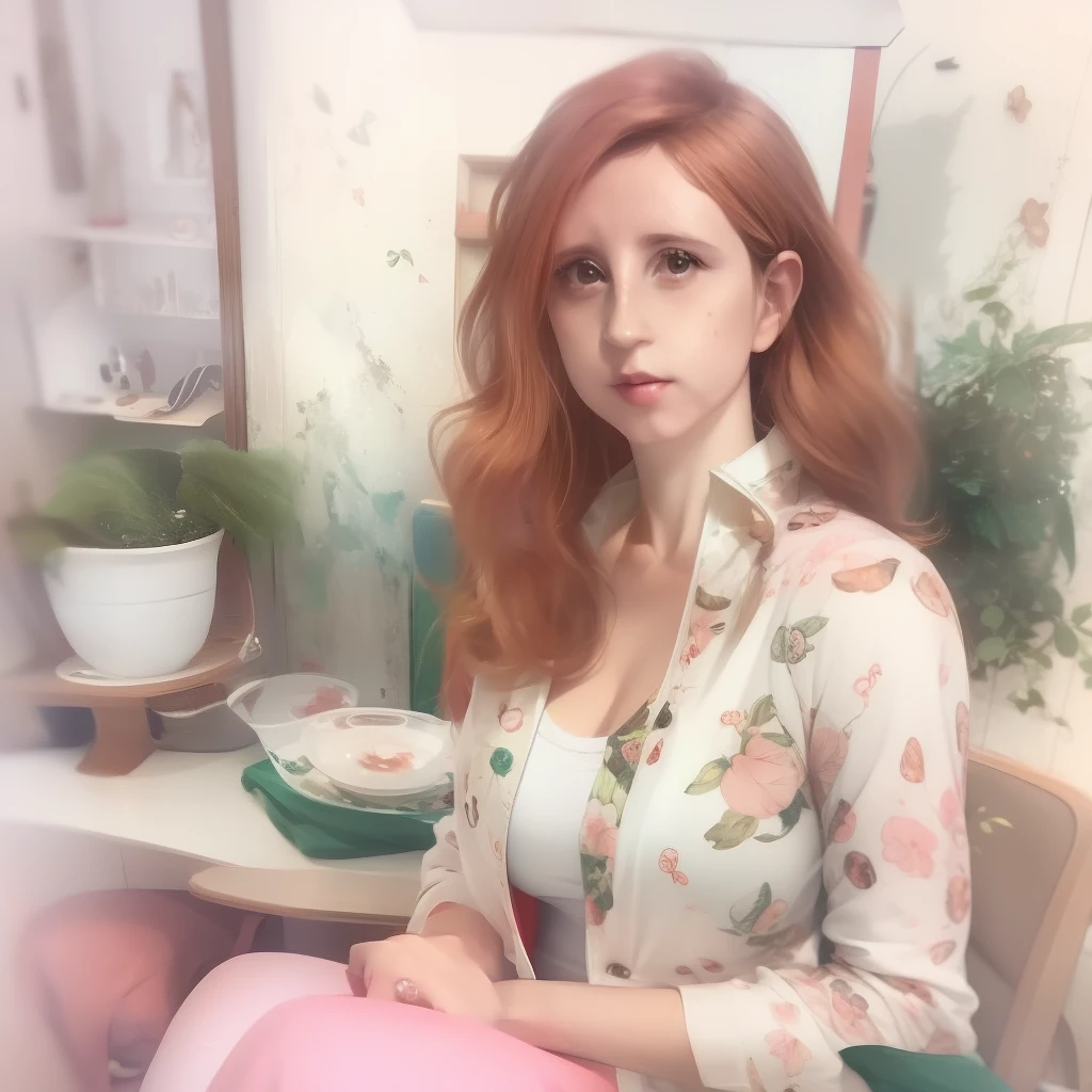 a watercolor and pencil drawing of a beautiful 26-year-old seated secretary with wavy dark red hair, delicate lips, olhos cor de mel, rosto bonito,rosto sexy, poros na pele, rosto detalhado, corpo magro em forma, (vestindo roupa escura), roupa preta, cores frias, (LiliArt)