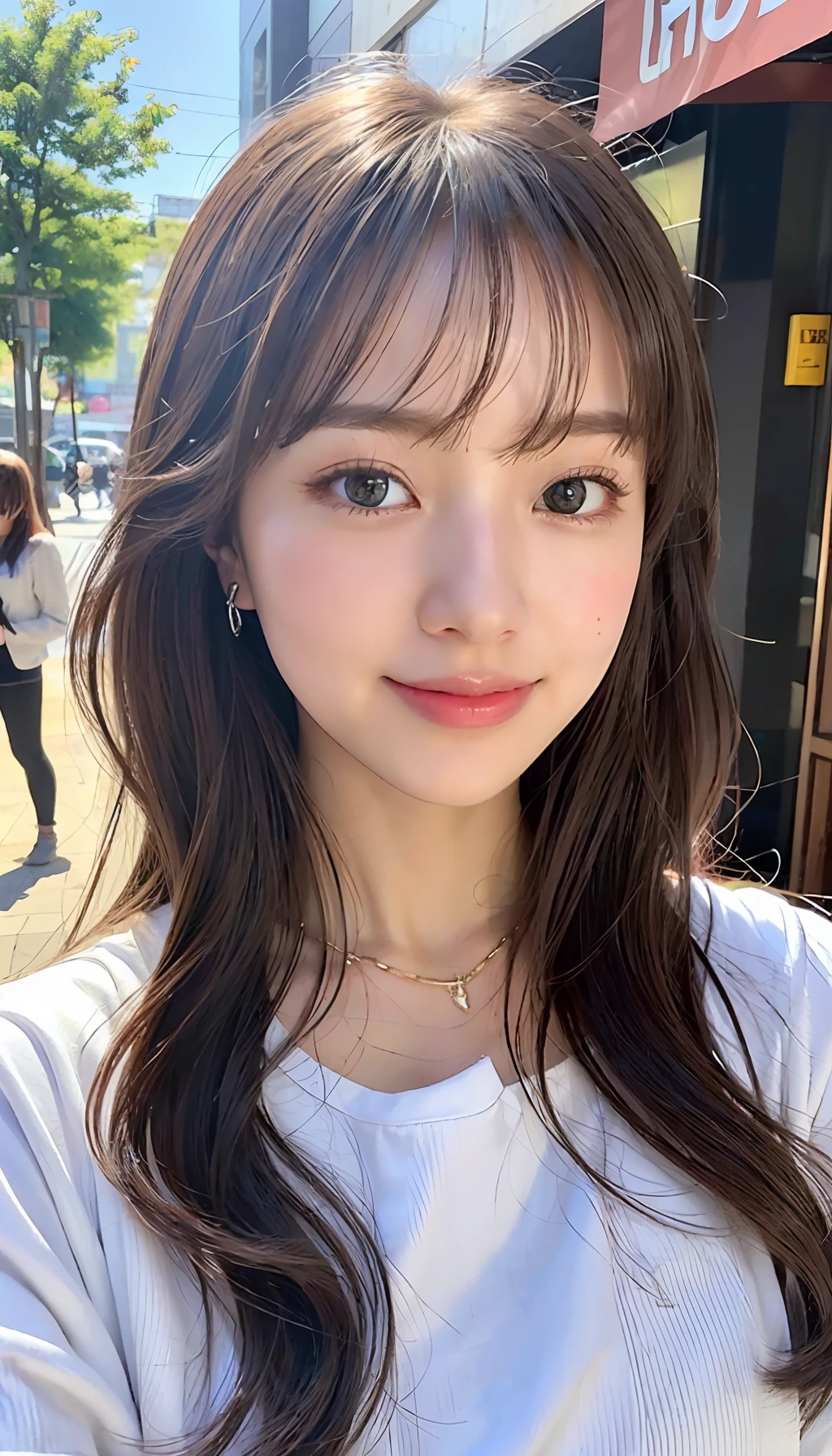 (8K、top-quality、masterpiece、超A high resolution、High Definition Face:1.3)、portlate、(20 years girl:1.3)、bokeh dof、frontage、 Genius genius smile、ultra-detailliert、ultra res、(realisitic、rialistic photo:1.37)、high-definition RAW color photography、Professional Photography、highly detailed and beautiful、ighly detailed、8K Picture Wallpaper、amazing detailed、huge filesize、Official art、Highly detailed CG Unity 8K wallpapers、highly detailed beautiful girl、extra detailed face、extremely detailed eye、highlydetailed skin、extremely detailed fingers、highly detailed nose、very detailed detailed mouth、Perfect Anatomy、Highly detailed clothing、女の子 1 人、(18:1.2)、Teen、Cute little girl s、famous Japan idol、cute little、Realistic body、小柄、de pele branca、glistning skin、Slim body、Handsome body、brown haired、(Blunt bangs:1.2)、Classic wavy long hair、 (nffsw:1.3),A smile、kawaii、zora々Right、kawaii faces、Lifelike face、Delicat eyes、Sauce order、The shirt、skirt by the、Looking at the camera、cowboy shot、street、front facing、Contrapo、public