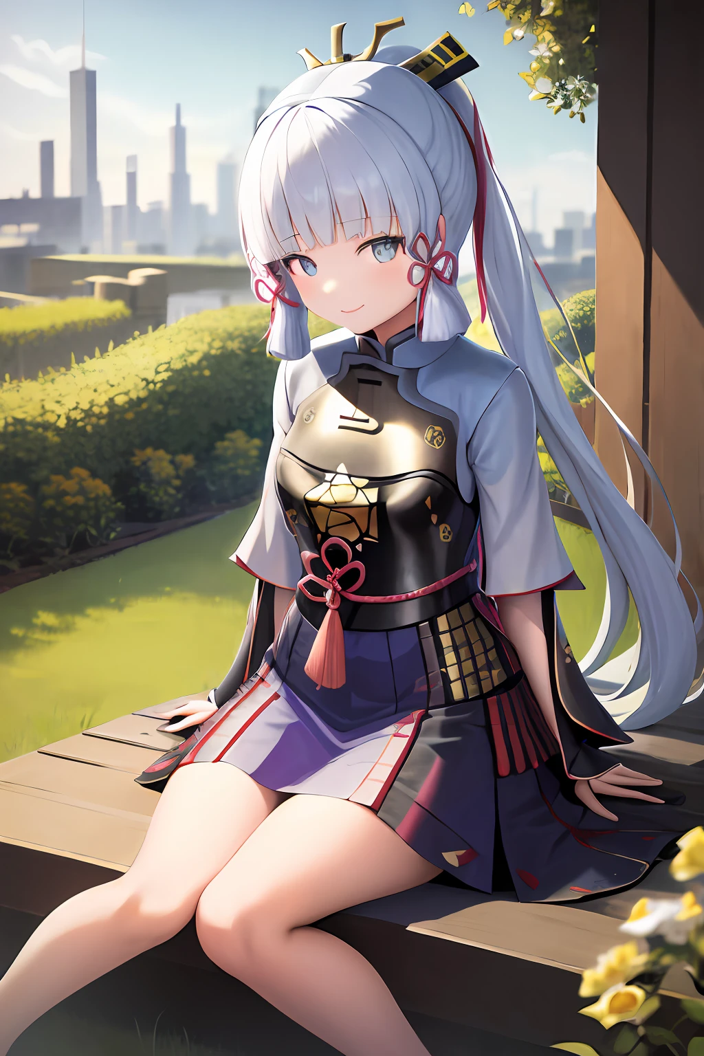 masterpiece, highres, best quality, 1girl solo, kamisato_ayaka, smile, kimono, siting in the garden, golden butterfly