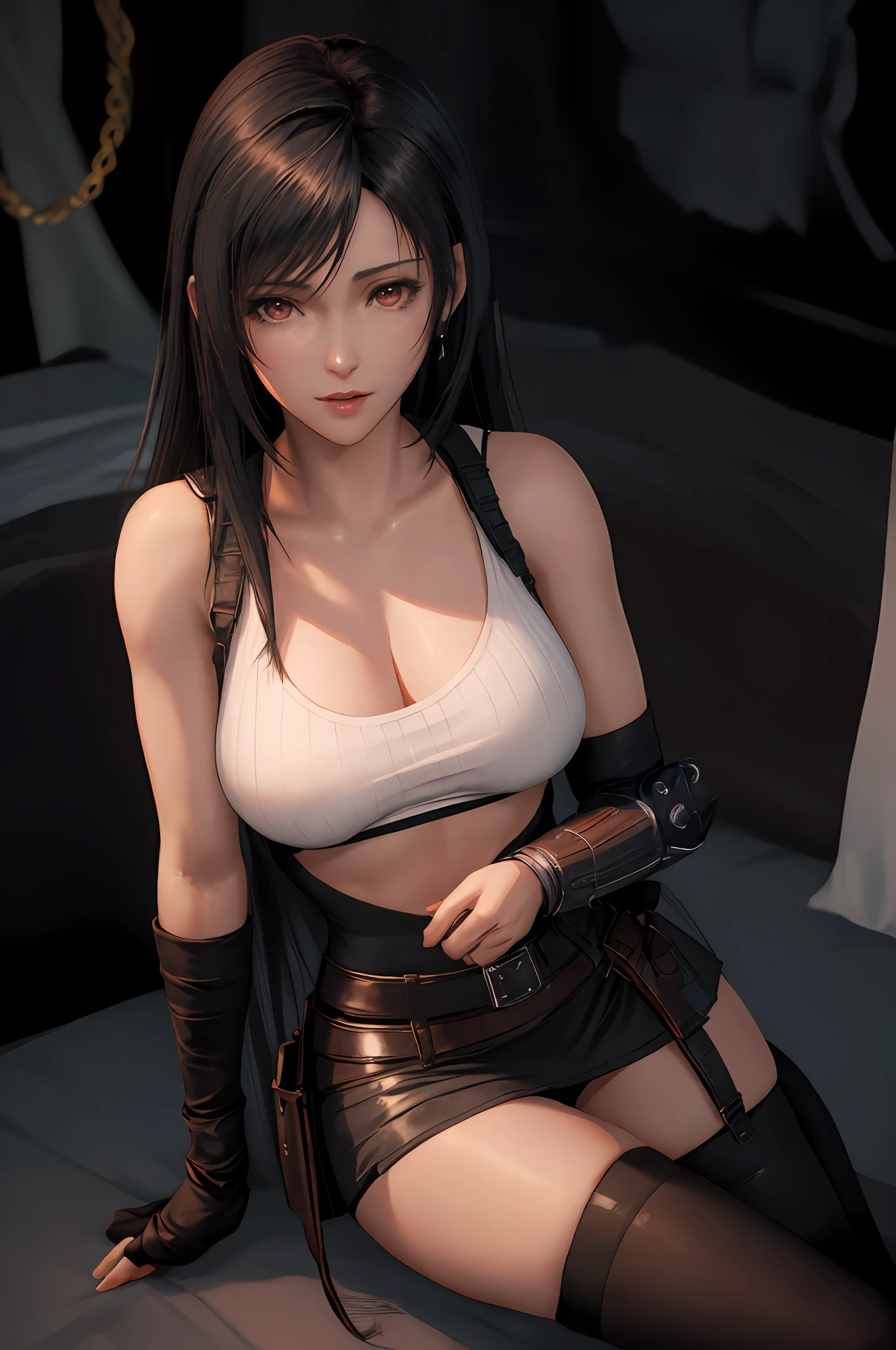 a close up of a woman in a white top and black stockings, tifa lockhart, seductive tifa lockhart portrait, tifa, tifa lockheart, glamorous tifa lockheart, tifa lockhart, tifa lockhart portrait, portrait of tifa lockhart, seductive anime girl, oppai cyberpunk, very sexy outfit, japanese goddess