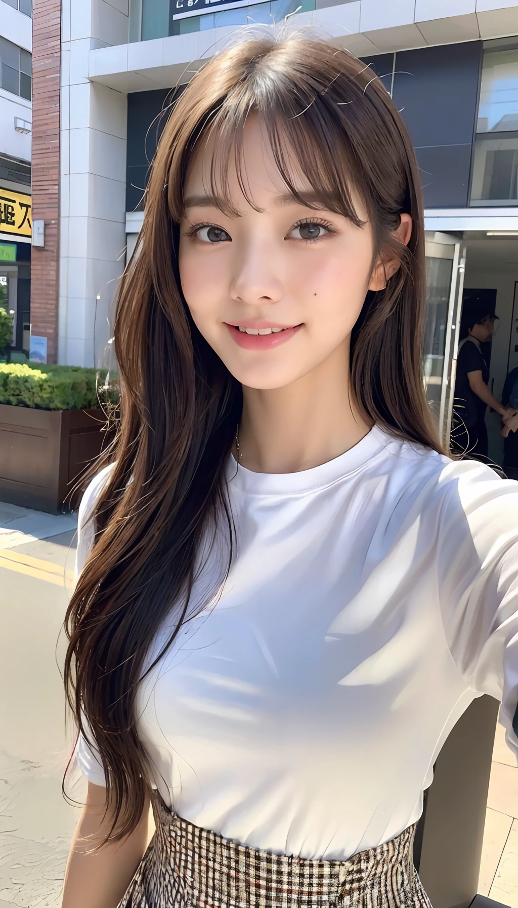 (8K、top-quality、masterpiece、超A high resolution、High Definition Face:1.3)、portlate、(20 years girl:1.3)、bokeh dof、frontage、 Genius genius smile、ultra-detailliert、ultra res、(realisitic、rialistic photo:1.37)、high-definition RAW color photography、Professional Photography、highly detailed and beautiful、ighly detailed、8K Picture Wallpaper、amazing detailed、huge filesize、Official art、Highly detailed CG Unity 8K wallpapers、highly detailed beautiful girl、extra detailed face、extremely detailed eye、highlydetailed skin、extremely detailed fingers、highly detailed nose、very detailed detailed mouth、Perfect Anatomy、Highly detailed clothing、女の子 1 人、(18:1.2)、Teen、Cute little girl s、famous Japan idol、cute little、Realistic body、小柄、de pele branca、glistning skin、Slim body、Handsome body、brown haired、(Blunt bangs:1.2)、Classic wavy long hair、 (nffsw:1.3),A smile、kawaii、zora々Right、kawaii faces、Lifelike face、Delicat eyes、Sauce order、The shirt、skirt by the、Looking at the camera、cowboy shot、street、front facing、Contrapo、public