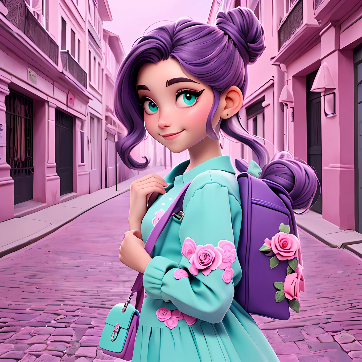 uma menina jovem, Your hair is stuck in a double bun, tom preto com mechas rosas, roupas leves, mochila, livros, corpo inteiro, The background is filled with a pastel shade, evoking a sense of lightness and happiness.