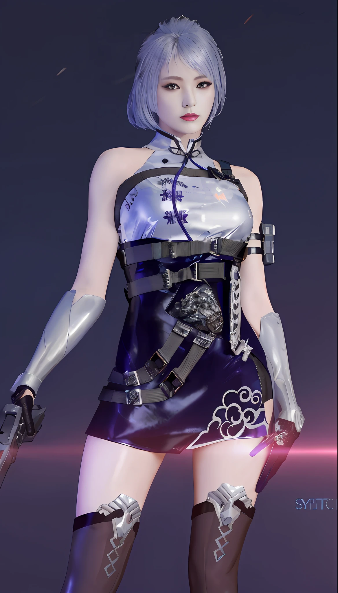 Close-up of a woman in a short skirt holding a gun, lunar themed attire, hints of yayoi kasuma, inspired by Leng Mei, chrome outfit, 2b, 2 b, clear outfit design, katanas strapped to her back, Cyberpunk costumes, yayoi kasuma, mechanic punk outfit, Cyberpunk dress, intricate outfits