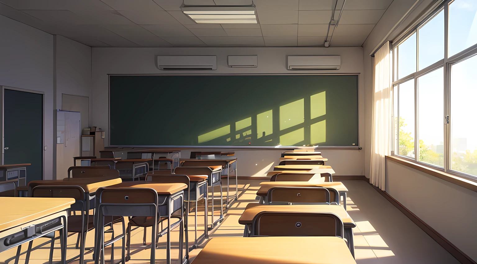 classroom, daytime, no people, anime artstyle, sun rays, no words, dust in air,