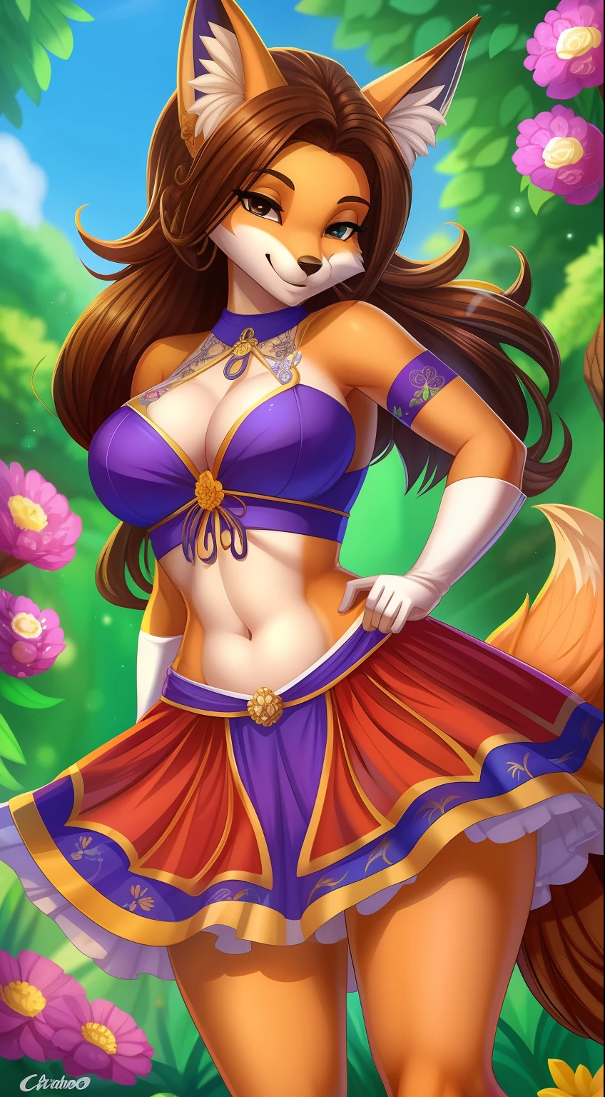 Antrho, fox, female, solo, pelo laranja, cabelo loiro longo, peitos medios, bunda media, coxas curvadas, usando roupa de noiva transparente, calcinha e sutia branca rendada, meias altas, segurando buque de flores, olhando sobre o ombro, sorriso envergonhado, fundo jardim florido, cauda deve ser mostrada