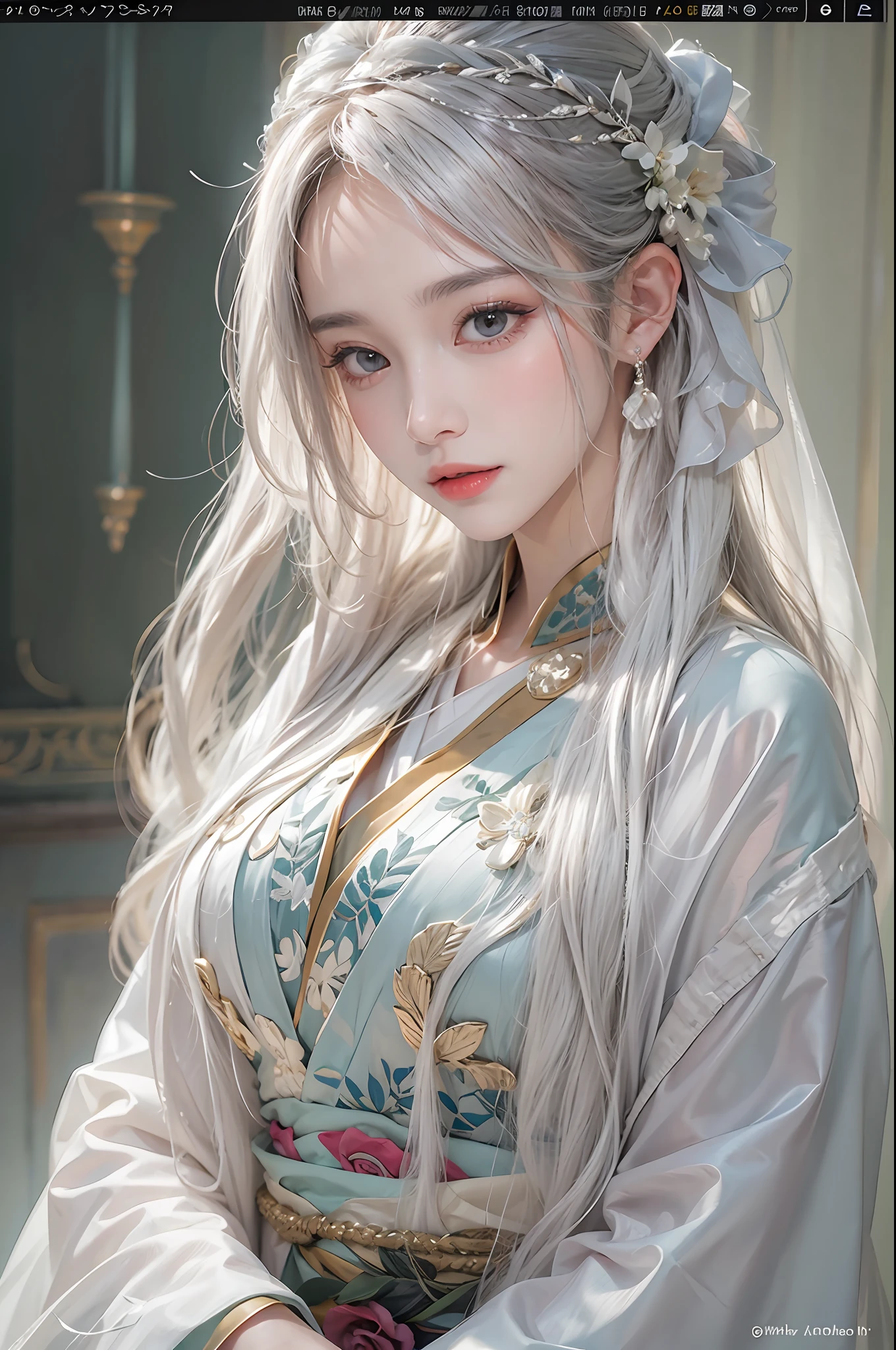 photorealistic, high resolution, soft lights, 1women, shiny skin, finely detailed skin, solo, hips up, look at viewer, (detailed face), white hair, long hair, wedding hanfu