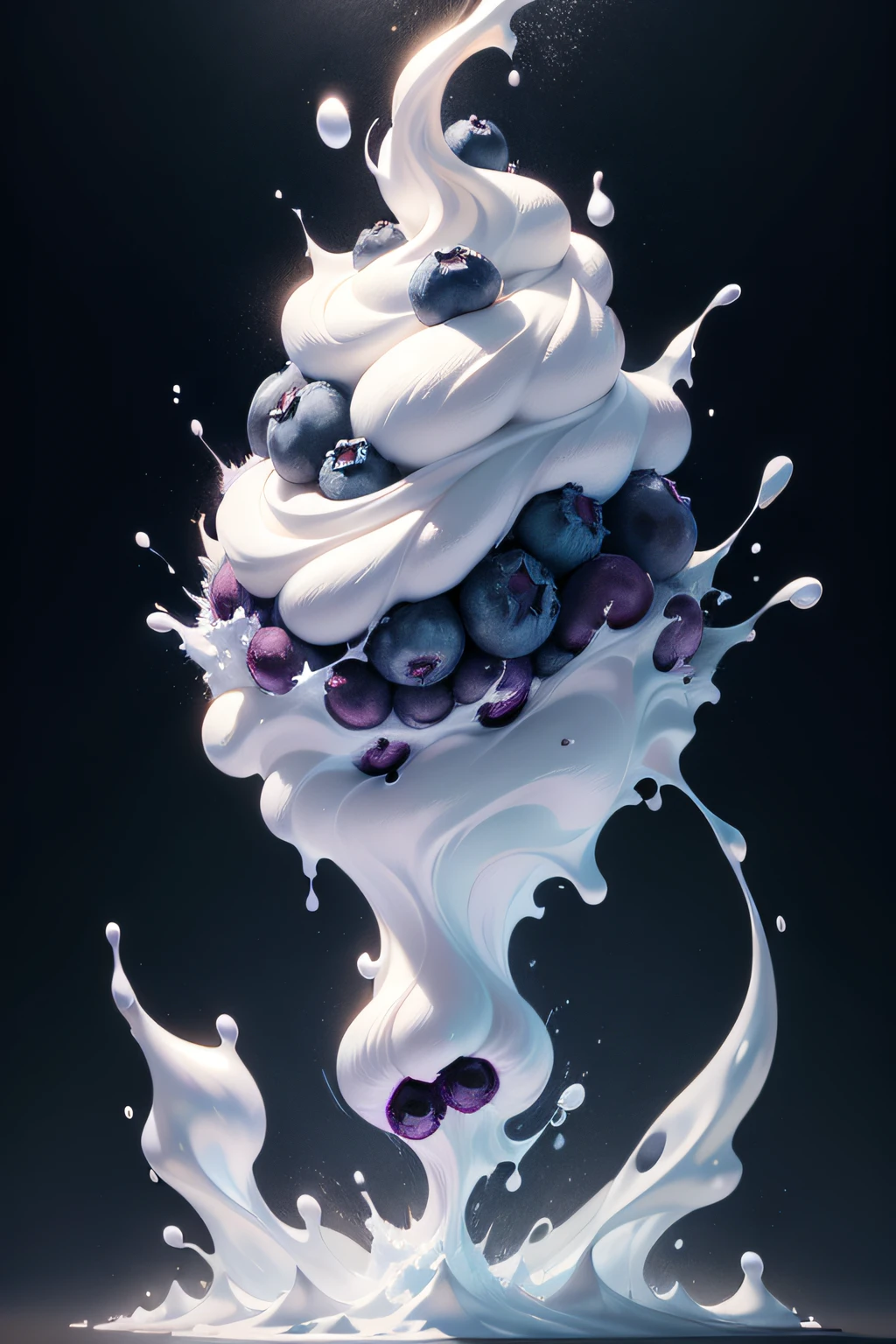 Blueberries in cream: A handful of luscious (blueberries:1.3) falling into a cloud-like puff of whipped cream, creating a splash of cream that freezes in a moment of sheer beauty. Rendered with Cinema 4D's fluid simulation, the spectacular cream and blueberry interaction is a visual feast, honed with Gamma Correction and Tone Mapping, taking cues from the artistic vision of Alex Roman and Beeple (Liquid Splash:1.2):(Fluid Art:1.2)