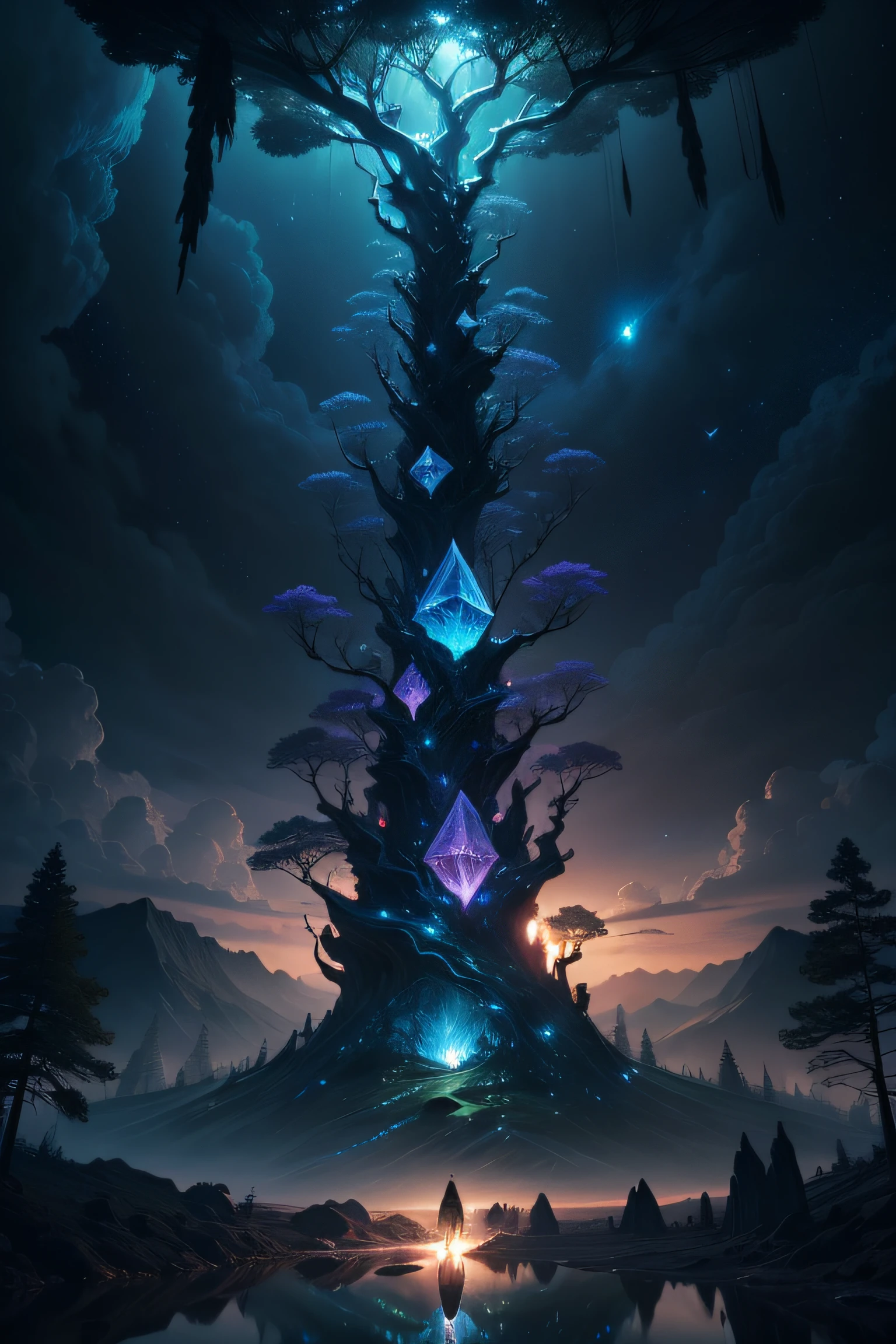 Illustration of a hyperrealistic , otherworldly, ultrasky scene featuring a giant crystal tree full body,very detailed and magical lighting, intricate forest details, vegetation and river around, solarpunk ,landscape, giant tree, beatifull leafy with beautiful lighting and realistic proportions, as if it were a cinematic background, 8k, highest quality, masterpiece, clouds and stars in the sky.