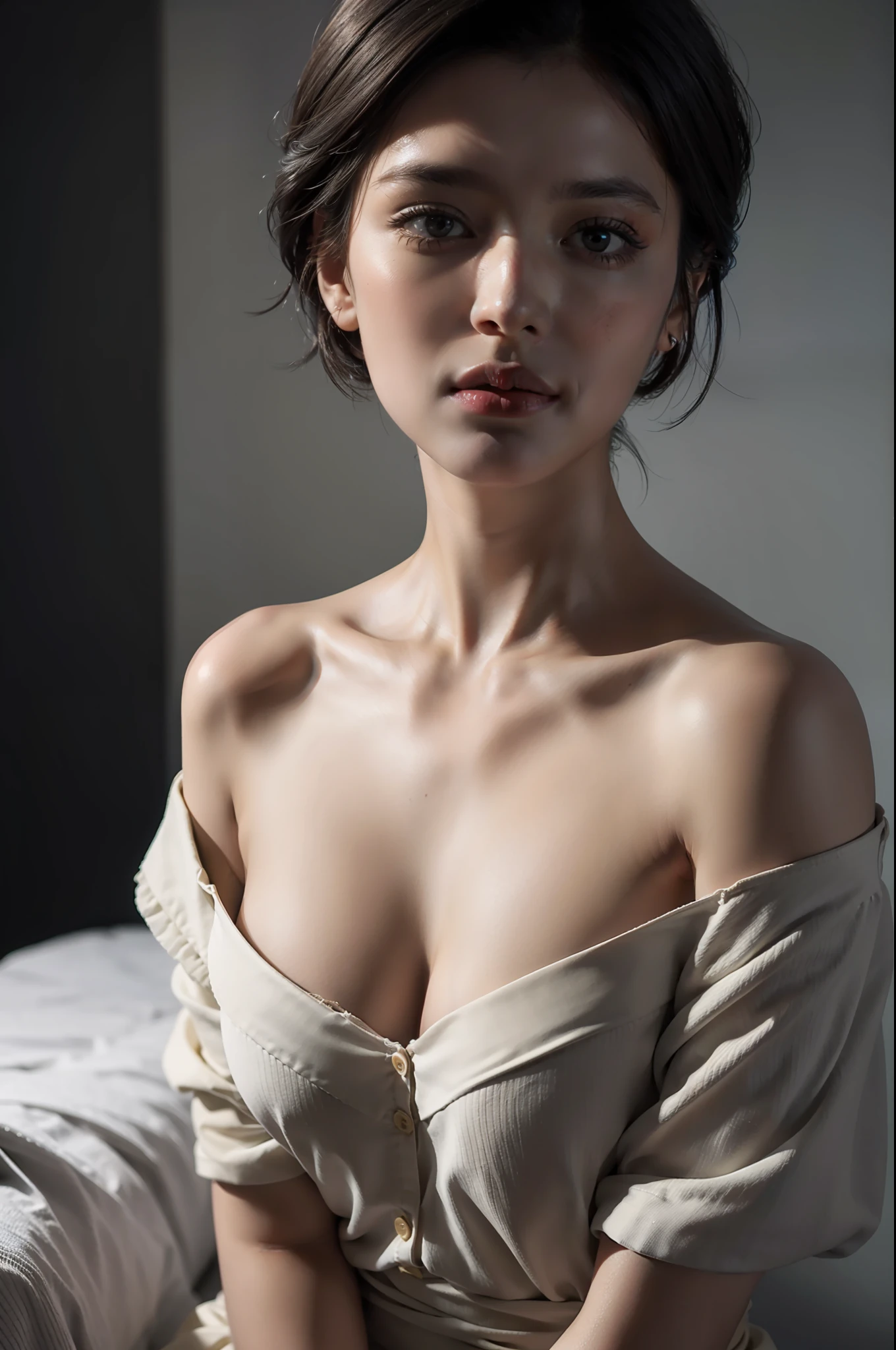 Best quality, masterpiece, ultra high res, (photorealistic:1.5), raw photo, 1girl, offshoulder, in the dark, deep shadow, low key, cold light, sexy look, short hair