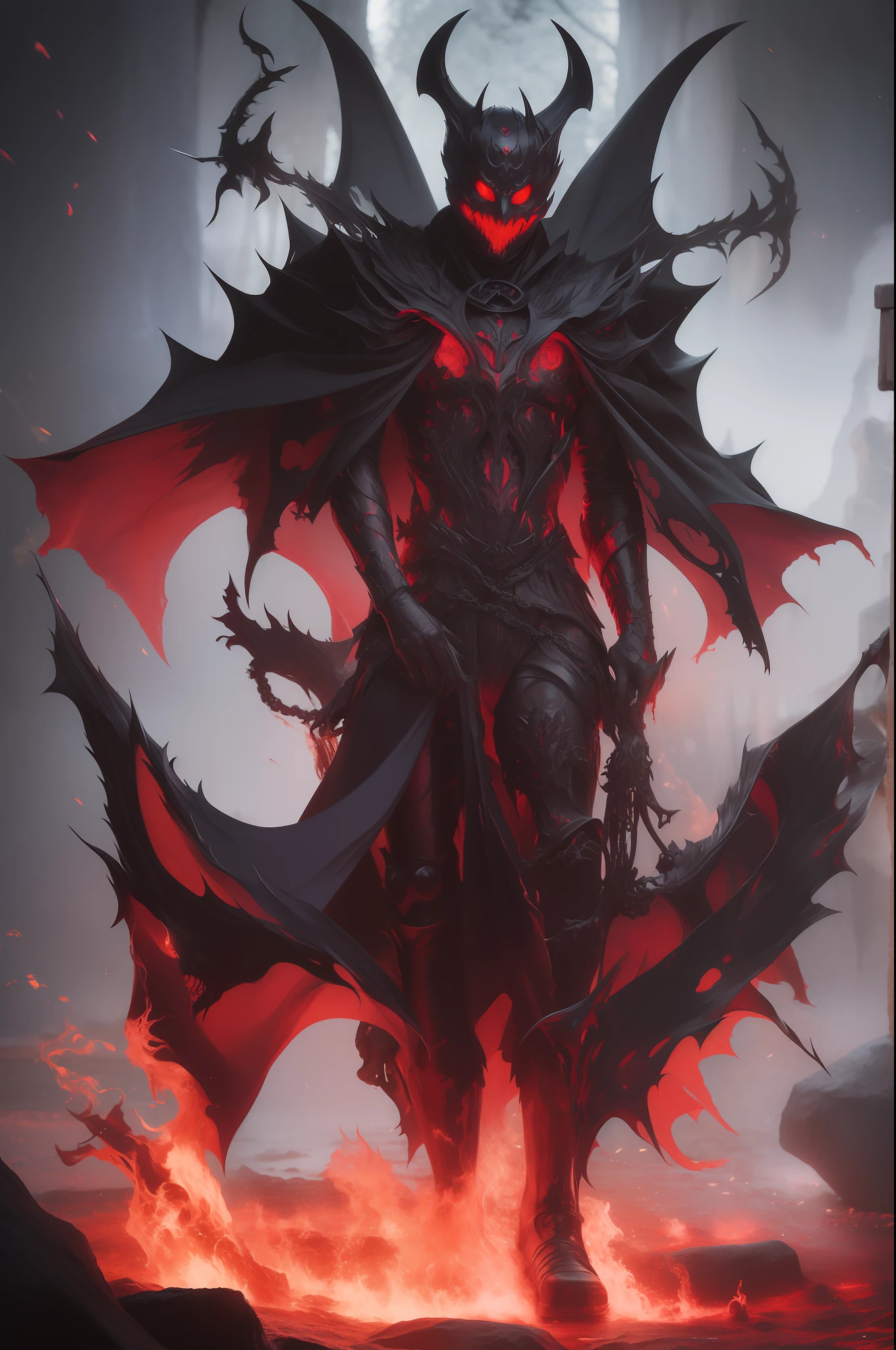 This is a terrifying creature from the depths of hell。It wears a black robe,The hood covers the face。Only the exposed hands appear dead gray,Fingers are like claws。Two huge bat-like black wings were born behind it,The light of flames looms between the wings。It floats in mid-air,It was surrounded by scarlet fire and black smoke。This messenger of hell exudes an eerie and terrifying aura,It seems ready to bring death and destruction to earth。It is the embodiment of the power of hell,It is the messenger of sin and suffering