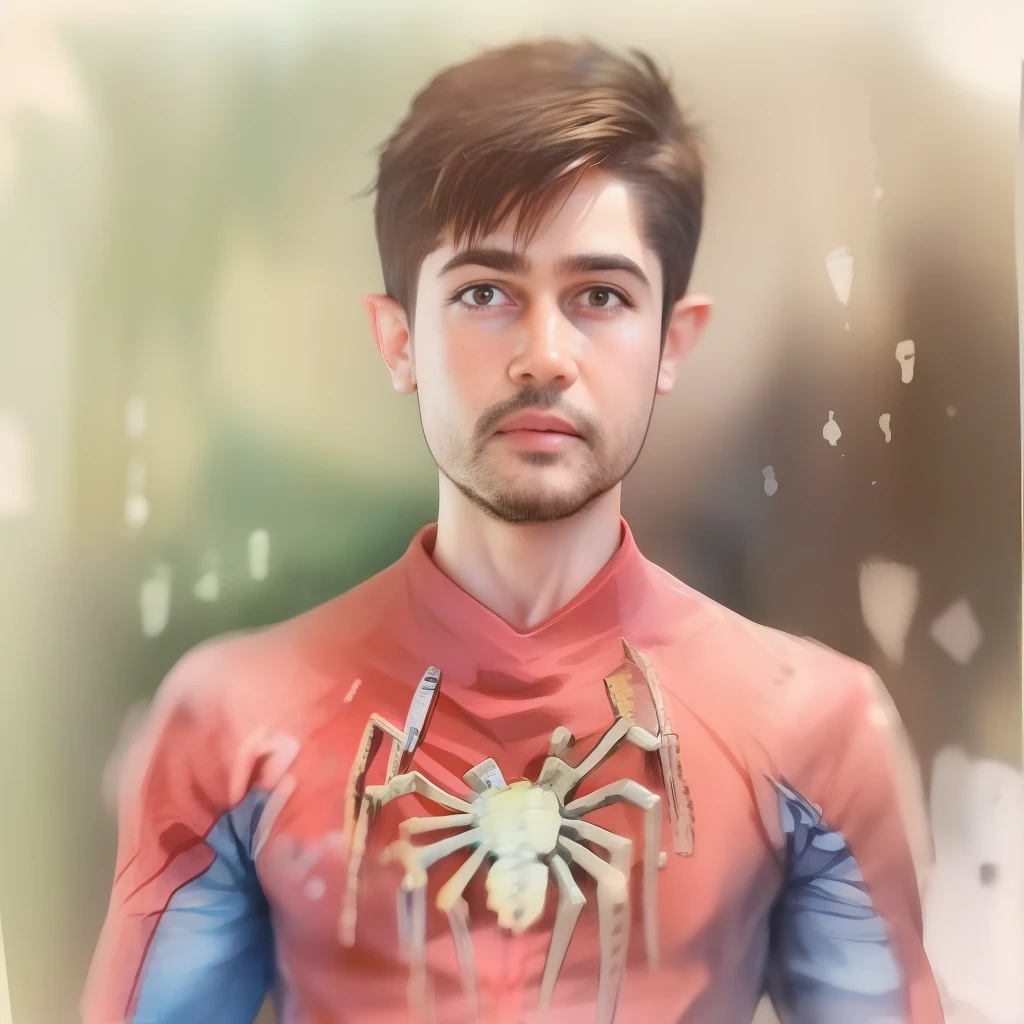 A watercolor and pencil drawing of a man in a 31-year-old standing Spider-Man outfit with short dark brown hair, rosto sexy, olhos castanhos, barba aparada, corpo inteiro, corpo magro em forma, cores frias, fundo noite com chuva