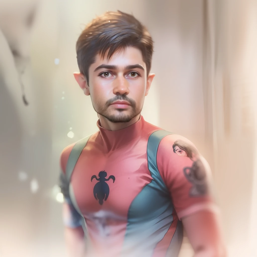 A watercolor and pencil drawing of a man in a 31-year-old standing Spider-Man outfit with short dark brown hair, rosto sexy, olhos castanhos, barba aparada, corpo inteiro, corpo magro em forma, cores frias, fundo noite com chuva