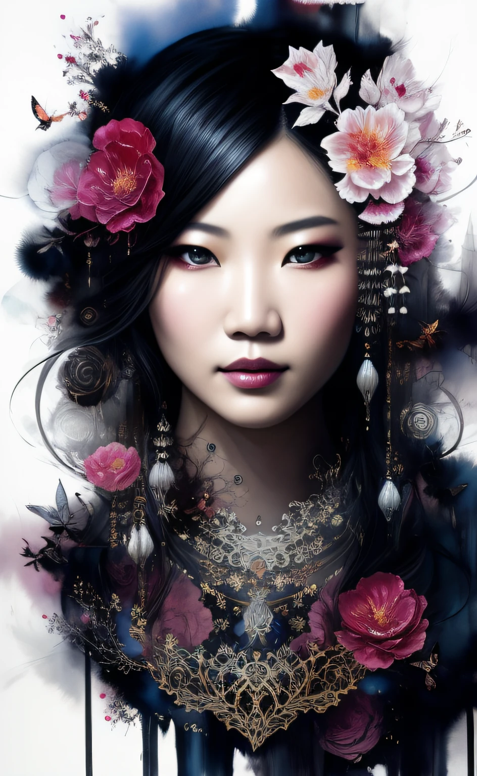 Colorful beautiful asian woman: Black ink flow: 8k resolution photorealistic masterpiece: by Aaron Horkey and Jeremy Mann: intricately detailed fluid gouache painting: by Jean Baptiste Mongue: calligraphy: acrylic: watercolor art, professional photography, natural lighting, volumetric lighting maximalist photoillustration: by marton bobzert: 8k resolution concept art intricately detailed, complex, elegant, expansive, fantastical