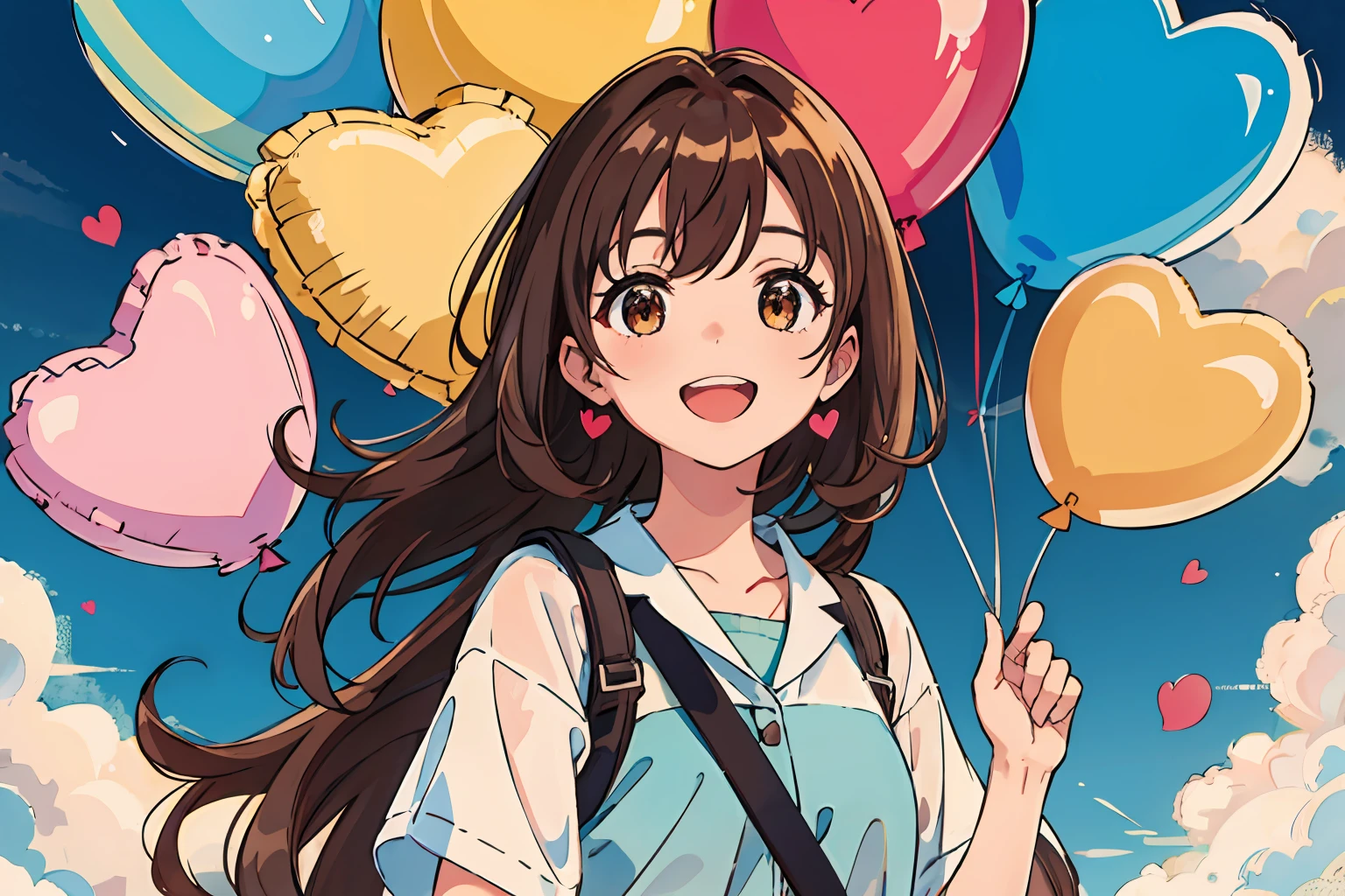 (Best quality, Masterpiece),Sunny,Broad lens,(Brown hair long),Lively cute girl with long brown hair,Look at the rainbow in the distant sky,A look of hope,Anticipation,Skysky,rainbowing,Balloons filled with hearts,Joy and happiness