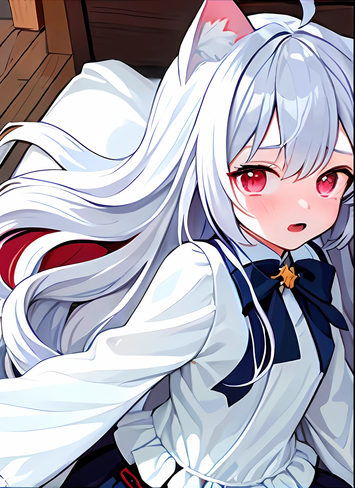 anime girl with long white hair and a cat ears, white-haired god, anime visual of a cute girl, Kantai collection style, Official artwork, white haired Cangcang, anime moe art style, Detailed digital anime art, White-haired, clean and meticulous anime art, anime illustration, detailed anime art, Detailed key anime art, from touhou, demon anime girl