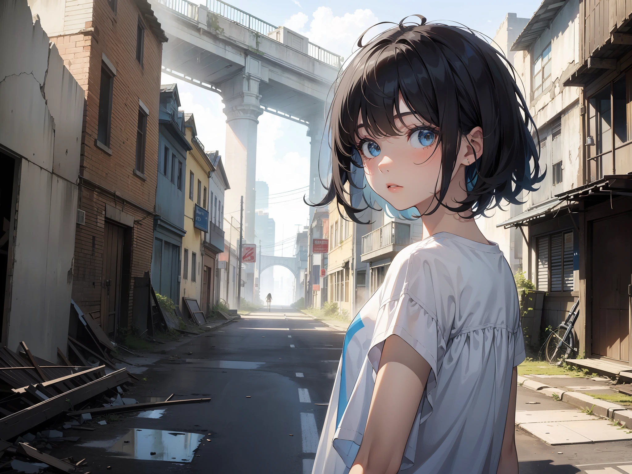 Masterpiece, Best quality,On uninhabited streets,1girll,with short black hair,White T blue jeans,Stand in front of a dilapidated building,