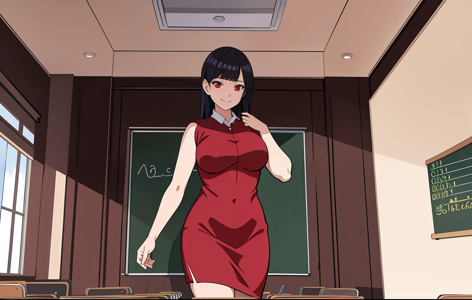 in classroom, masterpiece, happy, smiling, teacher uniform, very tight red dress, best quality, 1girl, standing in front of viewer, view from front, long black hair, straight hairstyle, red eyes, large breasts, happy, full body