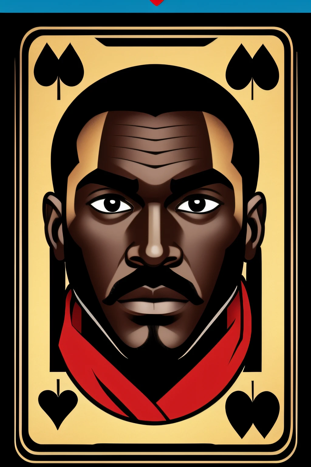 "Draw a black face on a playing card, using striking and expressive traits to convey personality and representativeness.”