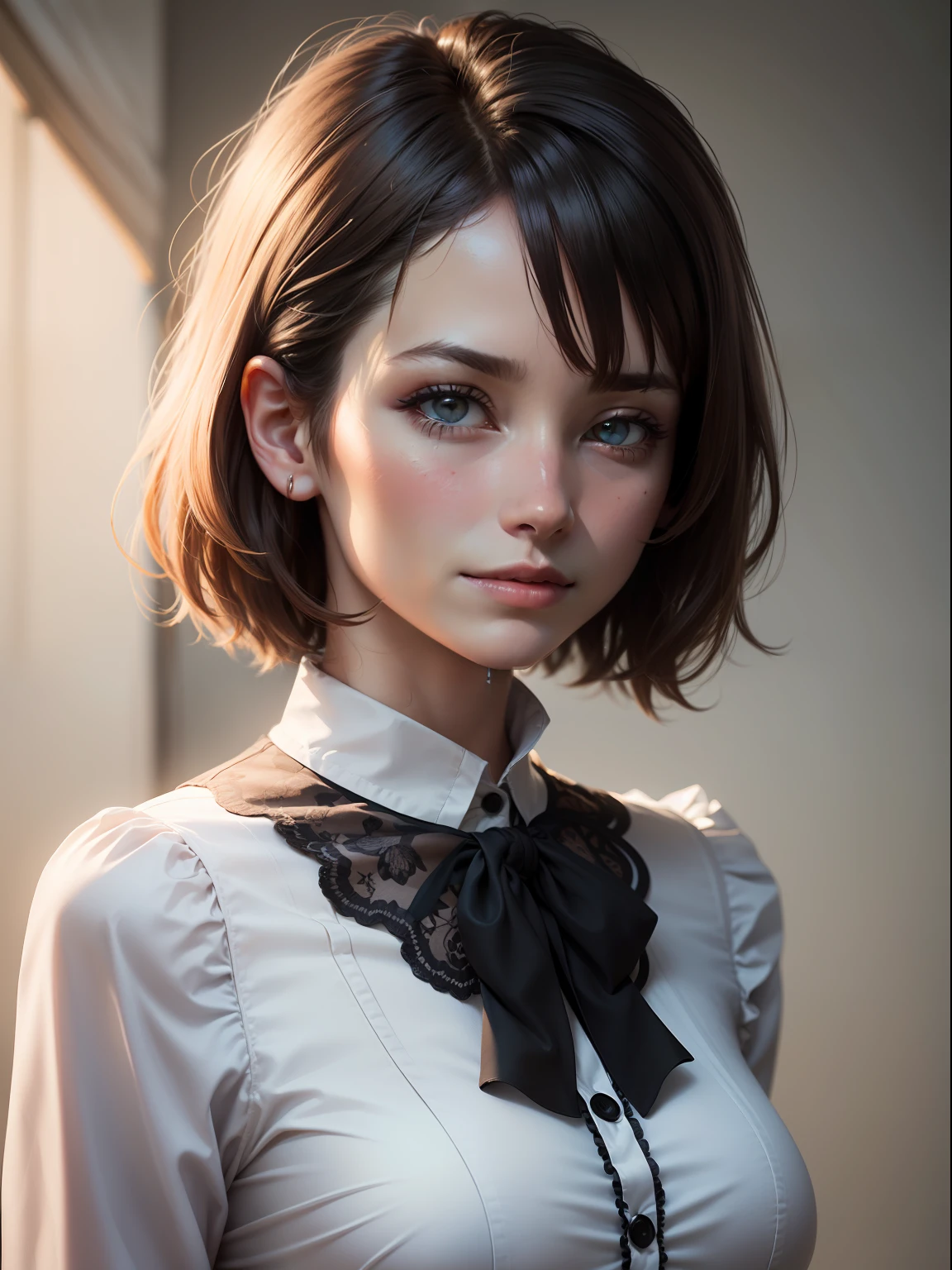 dressed, (photoreallistic: 1.4), (Hyperrealistic: 1.4), (Realstic: 1.3), (Fluid lighting: 1.05), (Improved Cinematic Lighting Quality: 0.9), 32K, 1 fille, Femme japonaise, realistic lighting, backlit, Facial lights, Suivi des rayons, (bright light: 1.2), (Quality improvement: 1.4), ( Realistic textured skin of the highest quality: 1.4), fine detailed eyes, Detailed face, Fine quality eyes, yeux bruns, (pale pink moist lips that get wet and reflect light), (tired and sleepy and satisfied: 0.0), White silk blouse with blue floral pattern with ruffles and lace, Liens de ruban avec des cordes minces, dark brown hair, short bangs cut on the forehead, petits rubans sur les cheveux, petits bandeaux floraux, An adult woman with a slight smile (isolated on white background)