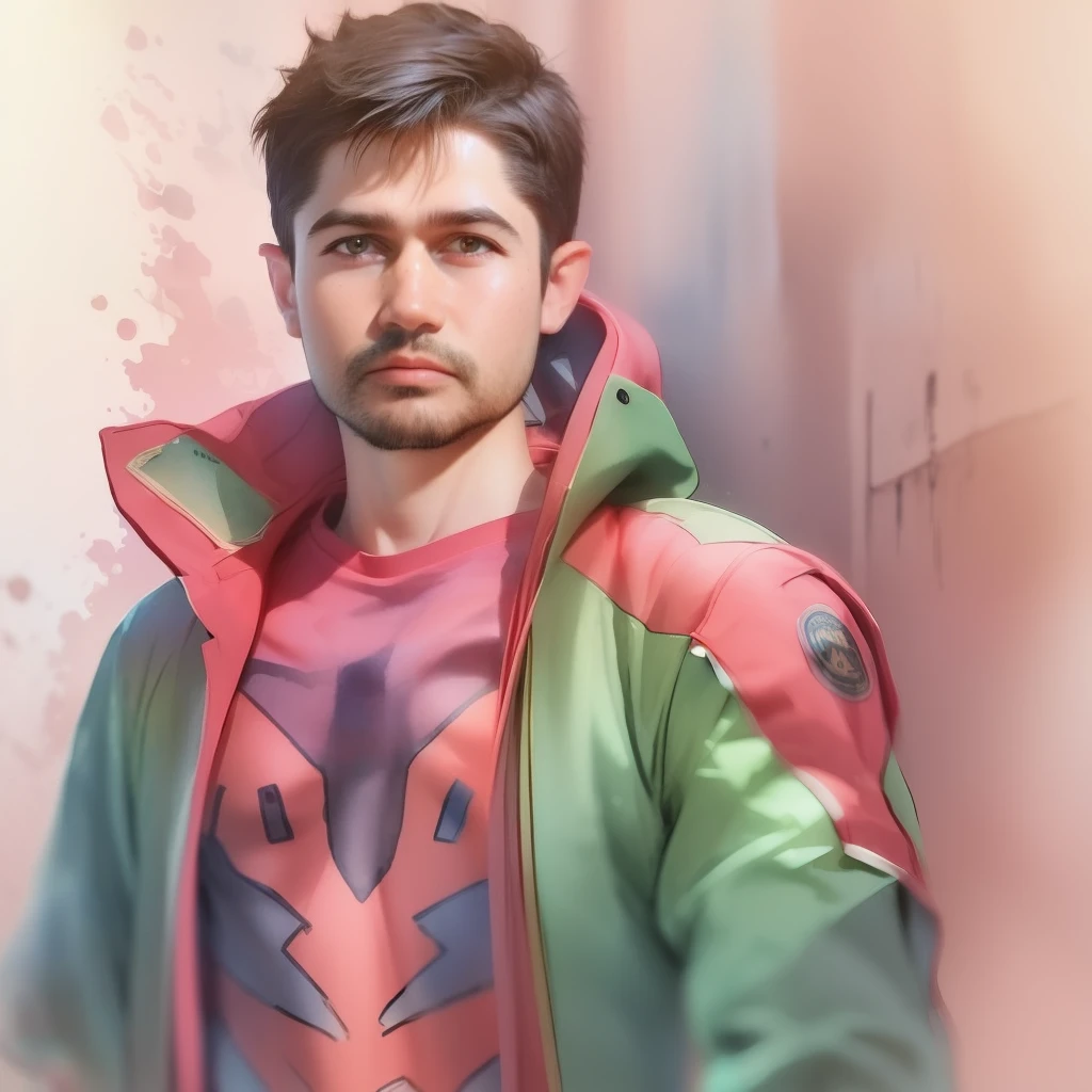 A watercolor and pencil drawing of a man in a 28-year-old Spider-Man outfit with short dark brown hair, serious face, olhos castanhos, barba aparada, corpo inteiro, corpo magro em forma, cores frias, fundo noite com chuva