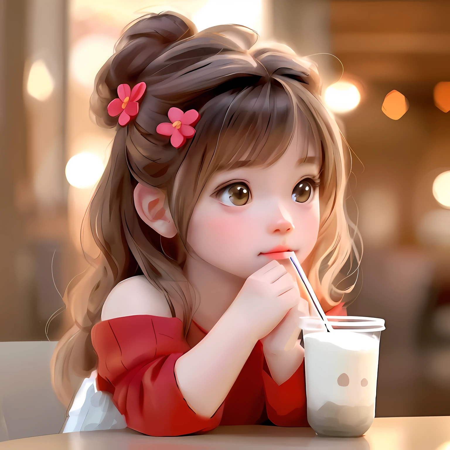 Anime girl drinking milk with straw and flower hairpins, adorable digital art, lovely digital painting, Realistic cute girl painting, Cute detailed digital art, Cute anime girl, cute kawaii girls, cute beautiful, Cute cartoon character, cute 3 d render, girl cute-fine face, very beautiful cute catgirl, with cute - fine - face, Cute - fine - face