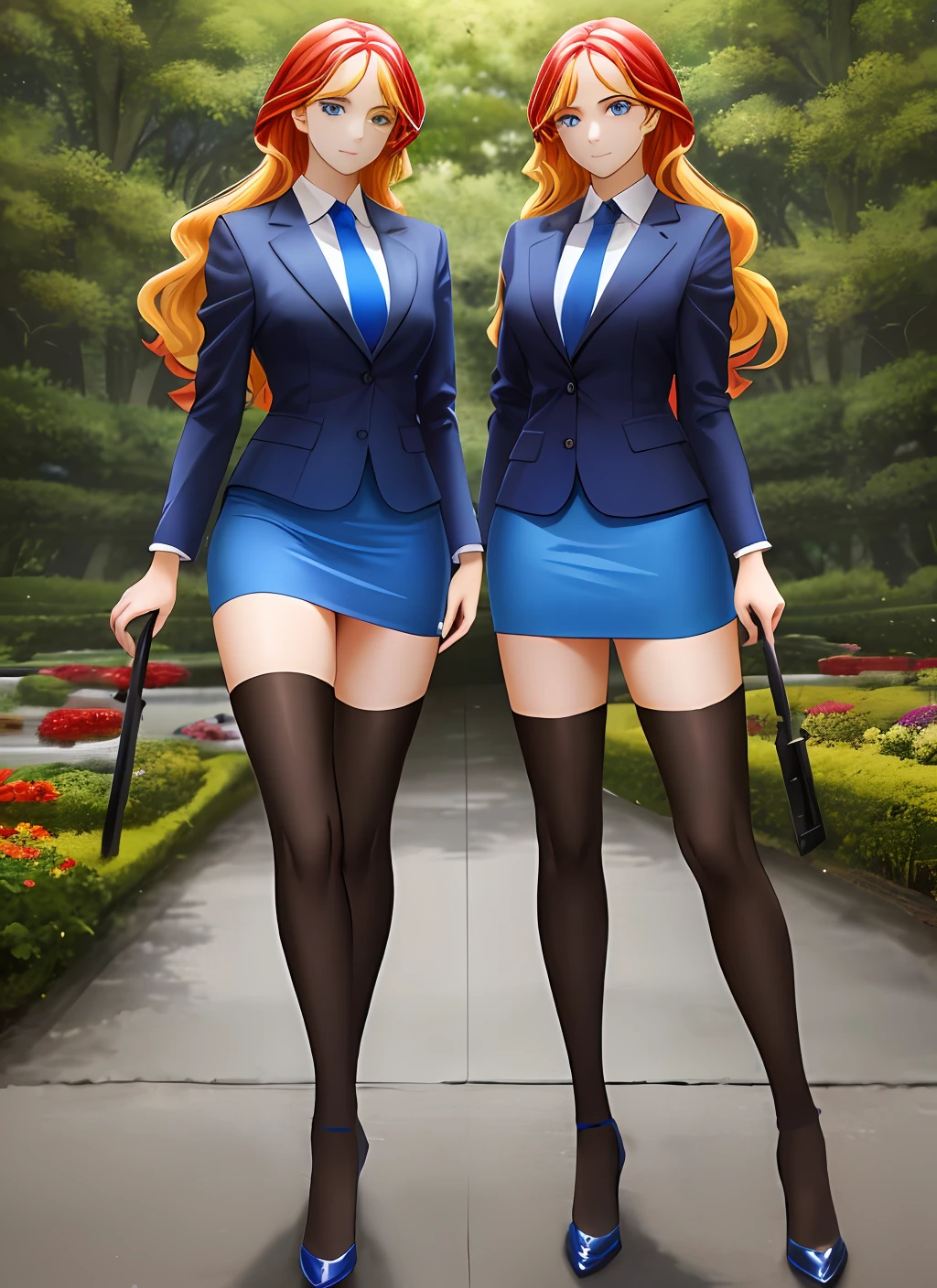 ((best quality)), ((highly detailed)), masterpiece, (detailed eyes, deep eyes), (2girls, duo, identical twins, clones, doppelganger), cowboy shot, SunsetHuman, (multicolored hair, (two-tone hair:1.1), red and blonde hair), BREAK, aqua eyes, blue skirt suit, red necktie, blue pencil skirt, blue tight skirt, bare legs, high heels, same color skirt suit, full body, highly detailed faces, highly detailed bodies, mnstfc, skirt