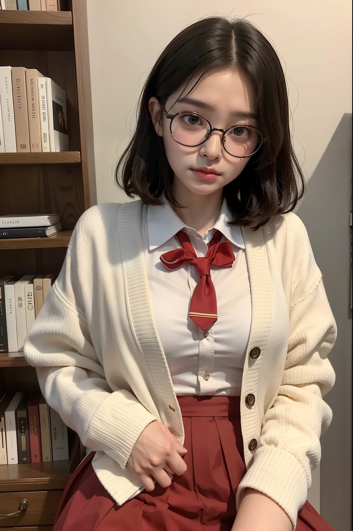 Photo Real、photoRealstic Dark hair、Short hair、Curled Hair、bangss drooing eyes、with round face、The contours of the face are round、Plump cheeks、small mouth eye glasses、Round glasses、Big glasses、Black-rimmed glasses、校服、White shirt、Red tie、Beige cardigan、Red skirt hi-school girl、、Soft thighs Faces close、Face Close-up、Staring at this、Grabbing clothes in the chest area、Leaning against the bookshelf、Blushing Background with、bookcase、Timber wall、wood floor、Dark place