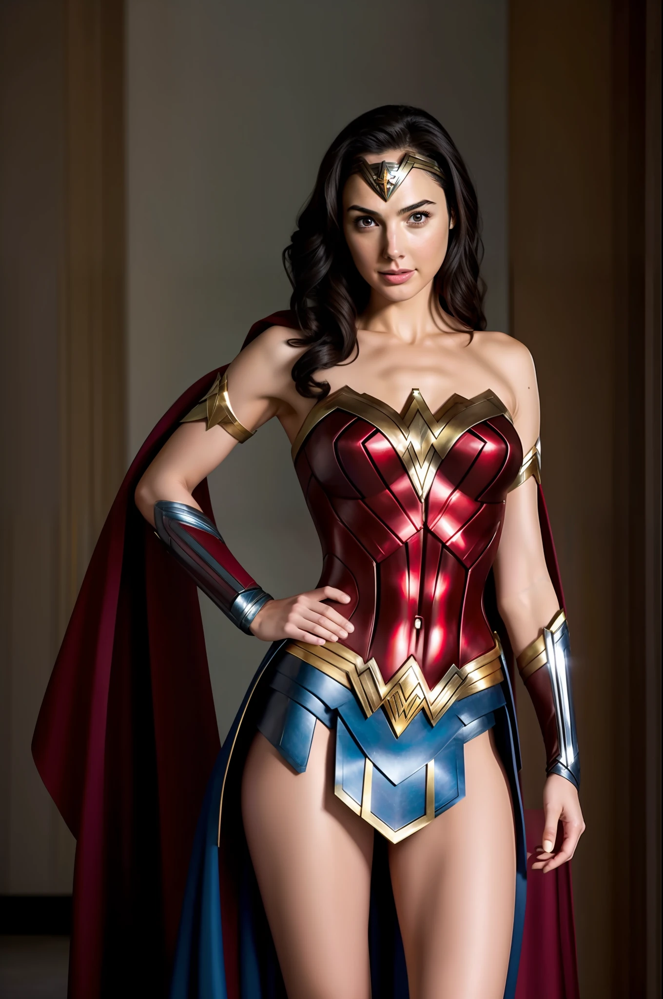 Gal Gadot、Wonder woman、Female sexy、cool lady、a smile、Hands on hips、Standing with open legs