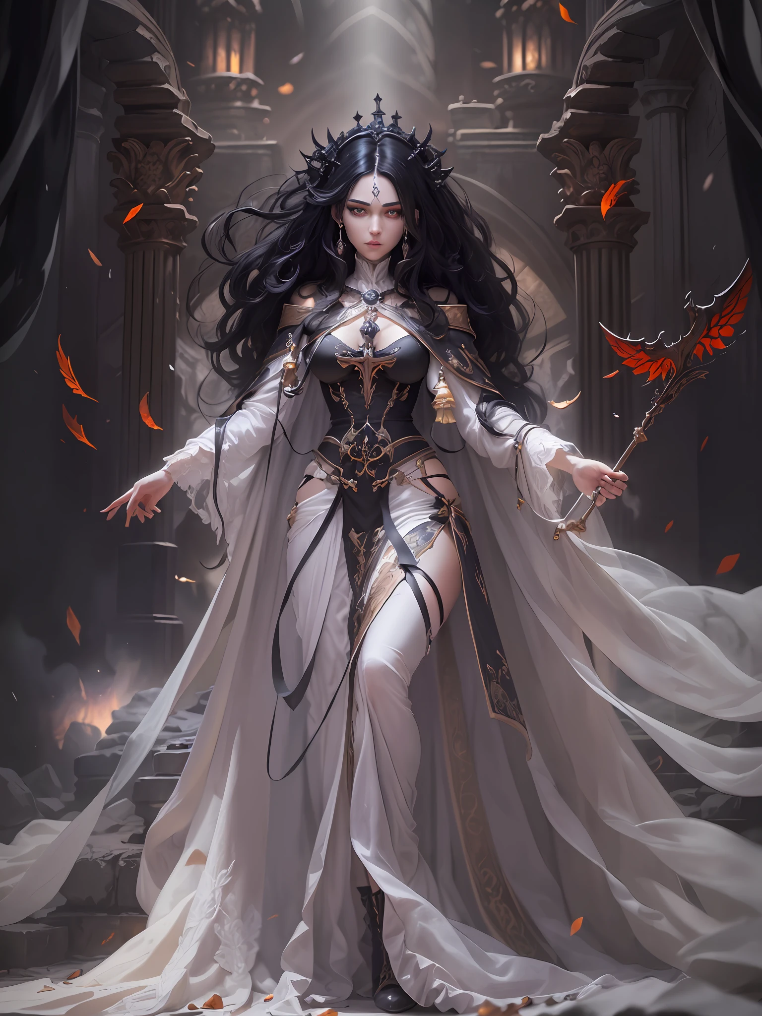 high details, best quality, 8k, [ultra detailed], masterpiece, best quality, (extremely detailed), dynamic angle, ultra wide shot, photorealistic, fantasy art, dnd art, dark fantasy art, realistic art, gothic art, an ultra wide, full body (intense details, Masterpiece, best quality: 1.5), picture of a female human (1.5 intricate details, Masterpiece, best quality) priestess of death ((pale white magical aura)), controlling a swirling magic (1.5 intense details, Masterpiece, best quality), manipulating [[magical sigils]] (1.5 intricate details, Masterpiece, best quality), human female, black  hair, pale skin,  long black hair with pale white aura, black hair with pale touch, white eyes, pale eyes, intense eyes,  ((glowing eyes)), black dress, impressive dress, awe inspiring dress (intense details, Masterpiece, best quality: 1.5), red cloak, flowing cloak.  (intense details, Masterpiece, best quality: 1.5), high heeled boots, (intense details, Masterpiece, best quality: 1.5), fantasy dark temple background, ((death worship atmosphere)), high details, depth of field (intense details, Masterpiece, best quality: 1.5),best quality, highres, ultra wide angle