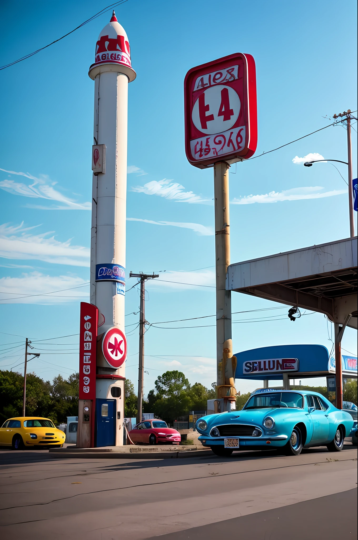 cars around abandoned gas station sign made from a rocket beautiful blue sky Clutter-Home (AtomPunkStyleSD15:1.0), (masterpiece:1.2) (photorealistic:1.2) (bokeh) (best quality) (detailed skin) (intricate) (8k) (HDR) (cinematic lighting) (sharp focus)