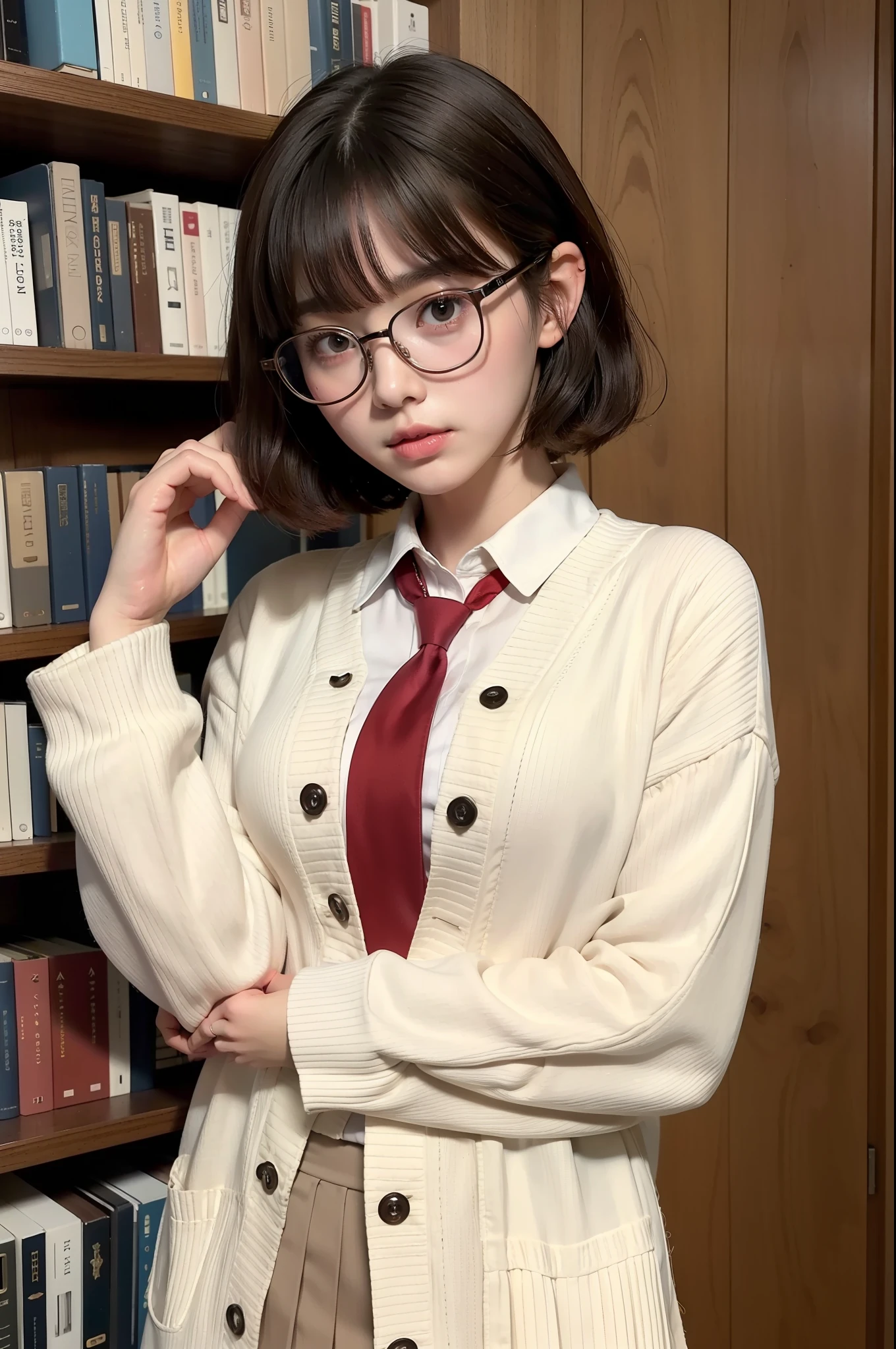 Photo Real、photoRealstic Dark hair、Short hair、Curled Hair、bangss drooing eyes、with round face、The contours of the face are round、Plump cheeks、small mouth eye glasses、Round glasses、Big glasses、Black-rimmed glasses、校服、White shirt、Red tie、Beige cardigan、Red skirt hi-school girl、sixteen years old、Soft thighs Faces close、Face Close-up、Staring at this、Grabbing clothes in the chest area、Leaning against the bookshelf、Blushing Background with、bookcase、Timber wall、wood floor、Dark place