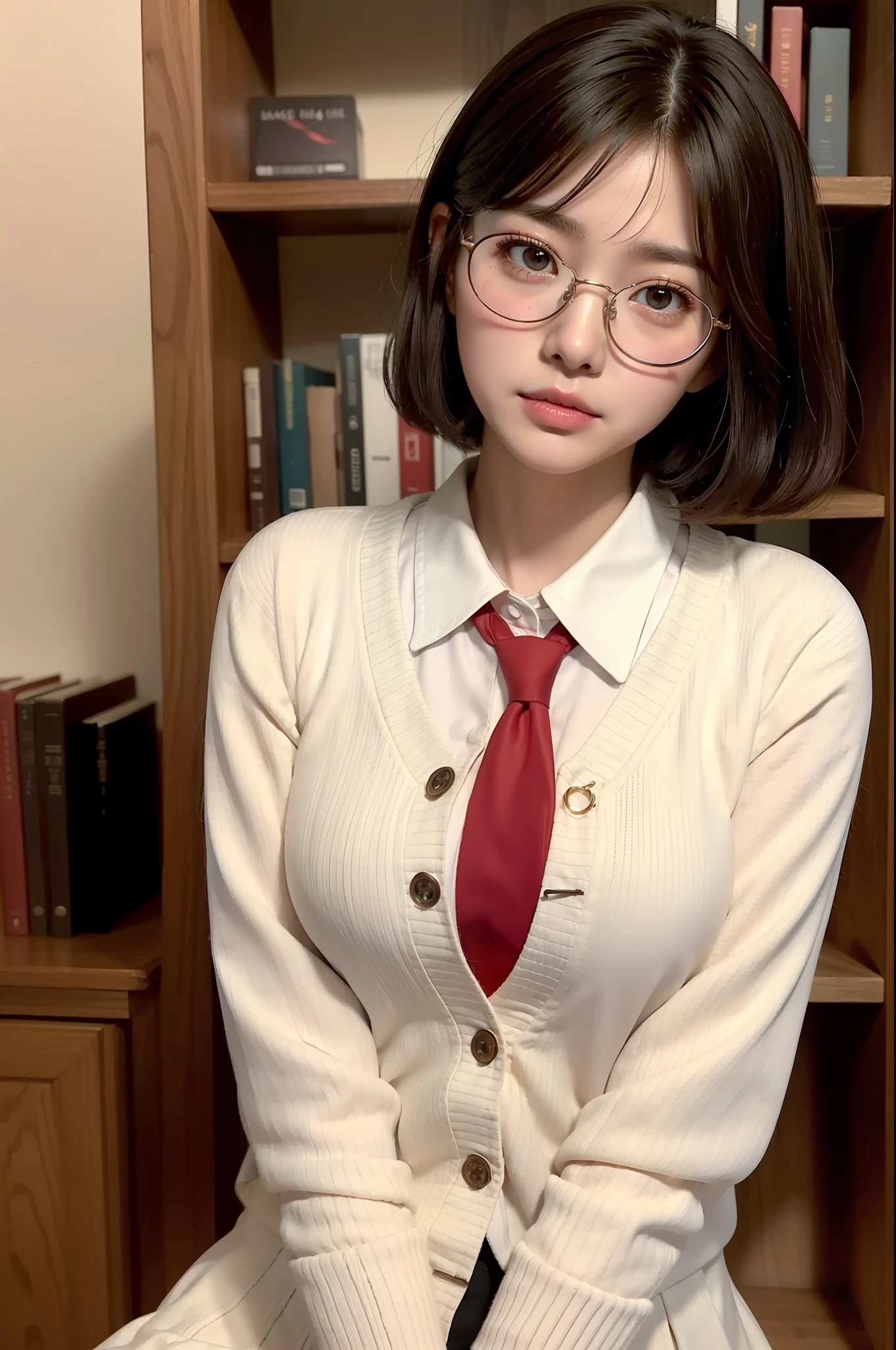 Photo Real、photoRealstic Dark hair、Short hair、Curled Hair、bangss drooing eyes、with round face、The contours of the face are round、Plump cheeks、small mouth eye glasses、Round glasses、Big glasses、Black-rimmed glasses、校服、White shirt、Red tie、Beige cardigan、Red skirt hi-school girl、sixteen years old、Soft thighs Faces close、Face Close-up、Staring at this、Grabbing clothes in the chest area、Leaning against the bookshelf、Blushing Background with、bookcase、Timber wall、wood floor、Dark place