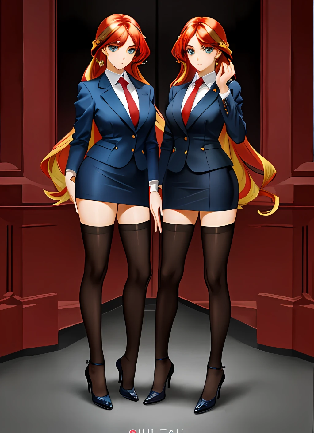 ((best quality)), ((highly detailed)), masterpiece, (detailed eyes, deep eyes), (2girls, duo, identical twins, clones, doppelganger), cowboy shot, SunsetHuman, (multicolored hair, (two-tone hair:1.1), red and blonde hair), BREAK, aqua eyes, skirt suit, pencil skirt, tight skirt, bare legs, high heels, same color skirt suit, full body, highly detailed faces, highly detailed bodies