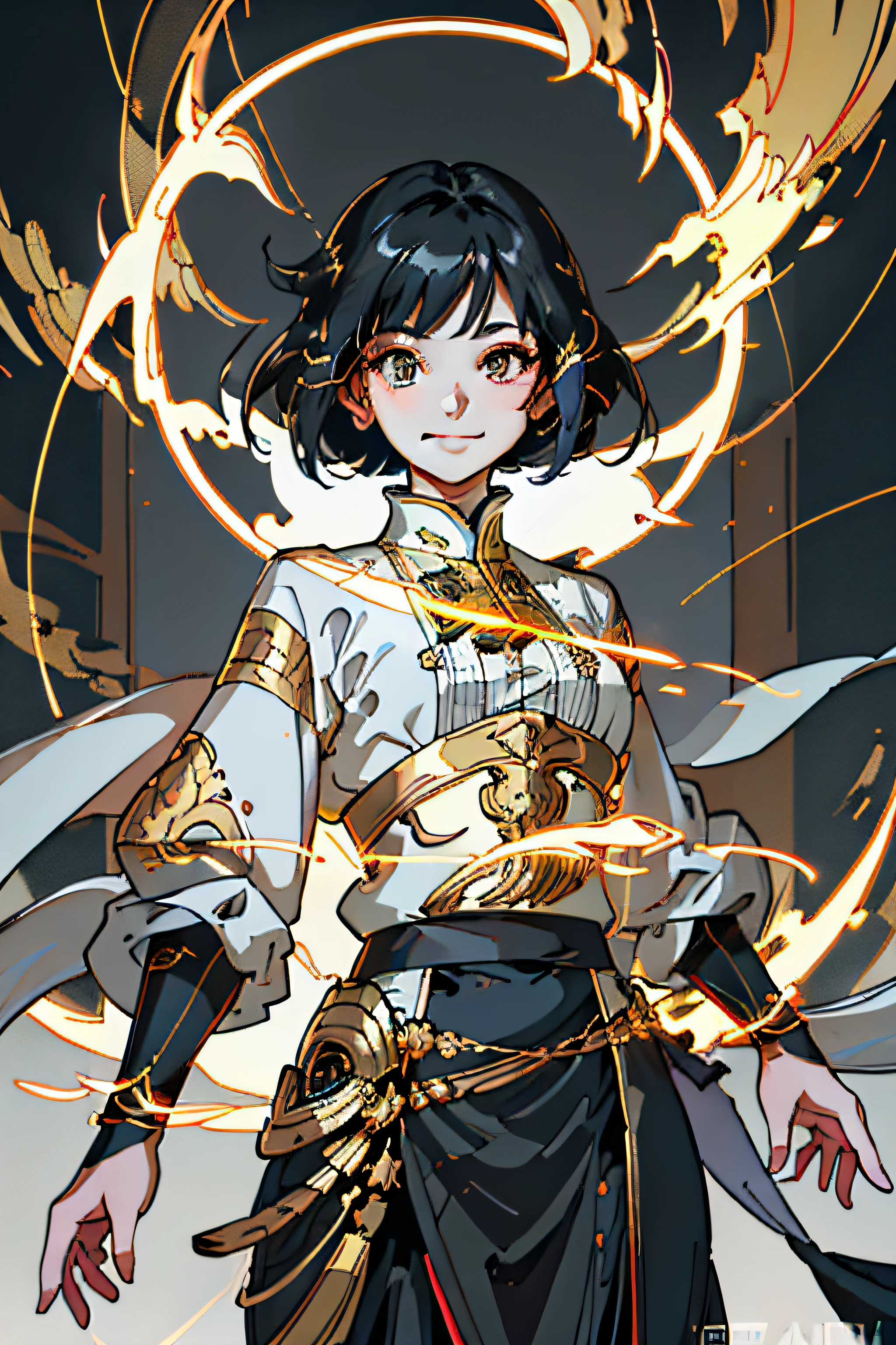 (Masterpiece, Best quality;1.3), Extremely detailed ,Ultra detailed, 1girll,Solo, view the viewer, Smile,
Black hair, Bob cut, White skin,Rou Jinzhi, Electric arcs and sparks, gold aura, blue lightning,
gold background, gold city, the roof,