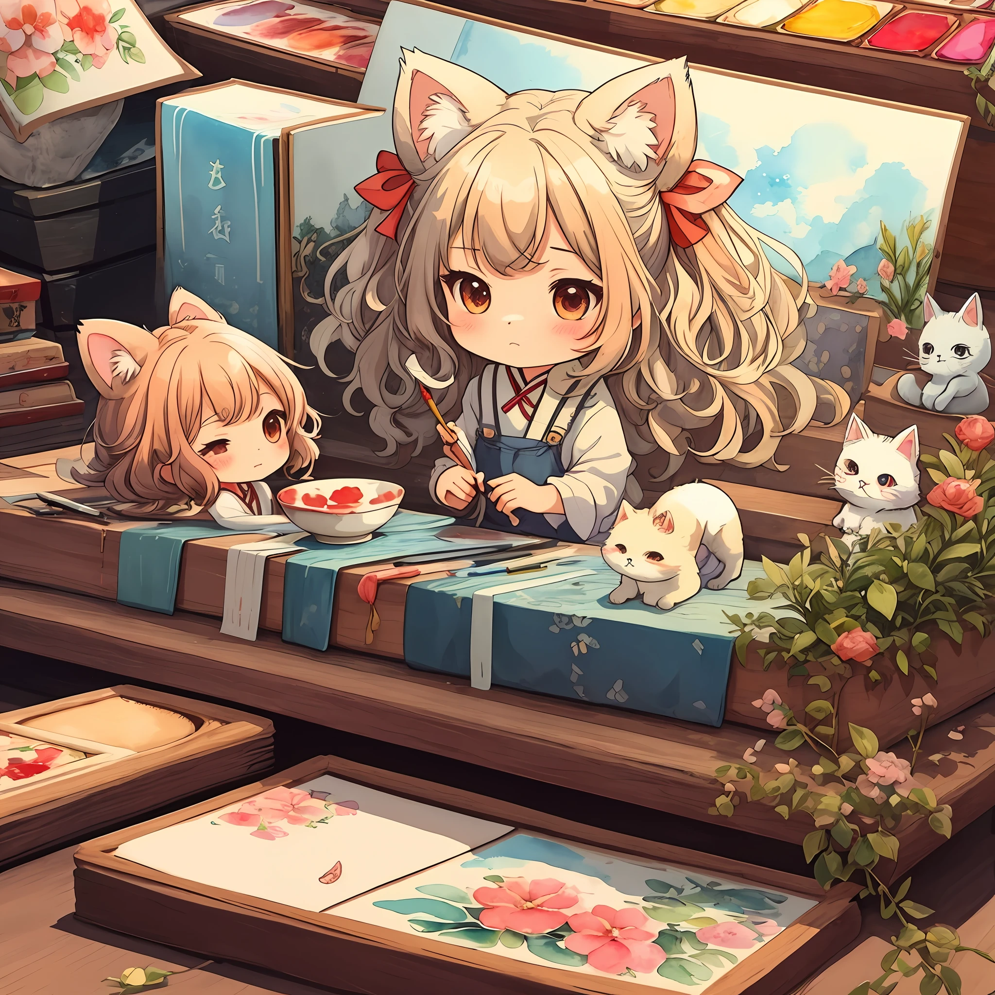 masterpiece、top-quality、ultra-detailliert、Watercolor painting、illustratio、extremely delicate and beautiful、
Chibi Chara,1girl in, 独奏, 浅笑,Cat Ear Ribbon
pigtails、Live Stage、