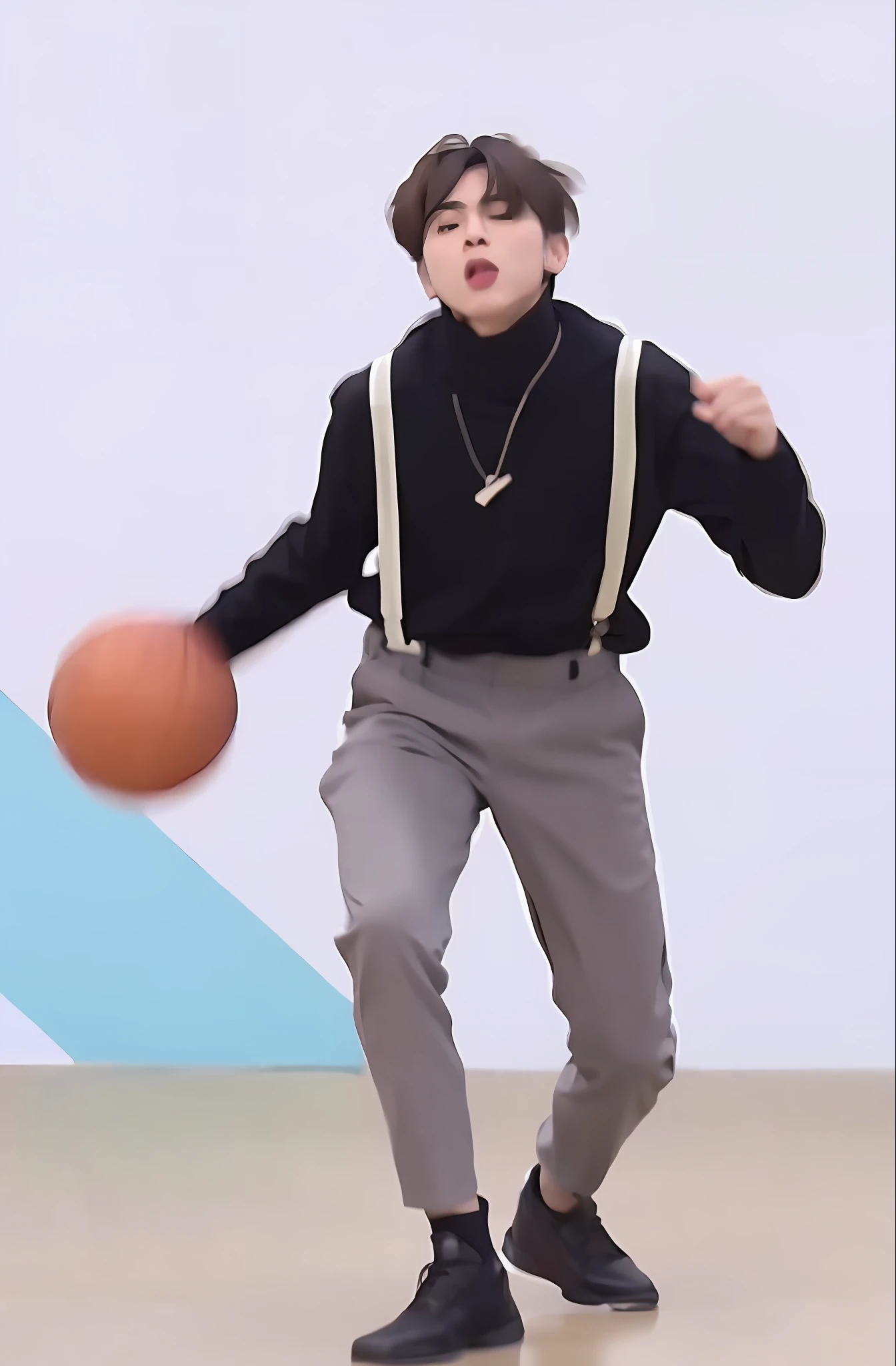 Man in black shirt suspenders，Basketball，Dancing dribbling，Individual ball control sports，Dynamic perfect posture，Blackn clothes，Park Ji-min style