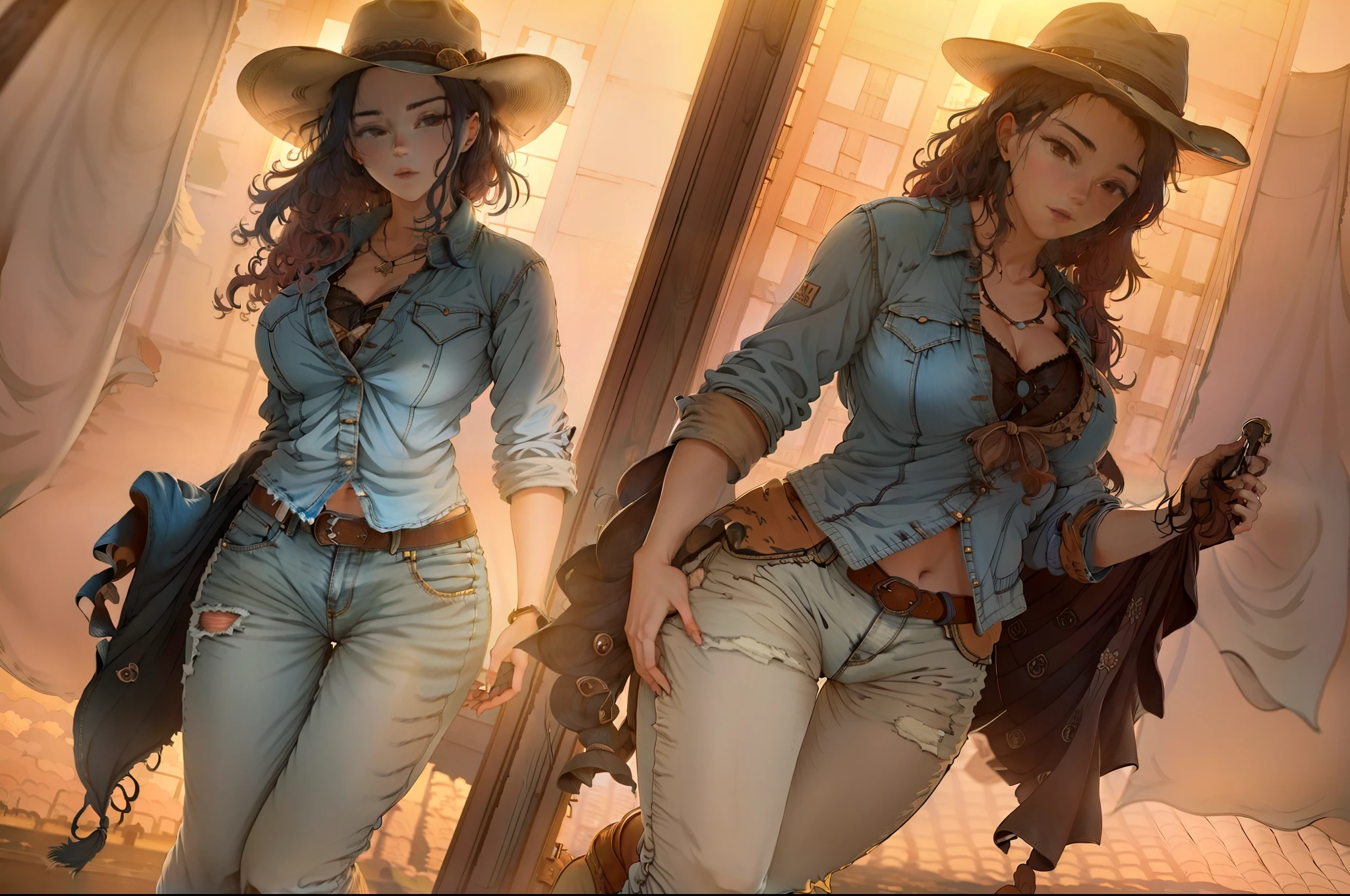 A beautiful cowgirl. She is in the middle of the street in a small town. She is holding two large revolvers, one in each hand, wearing denim clothes, a hat and high boots. Her hair is long and curly. It is a spectacular full body image with a low upward slanting angle.