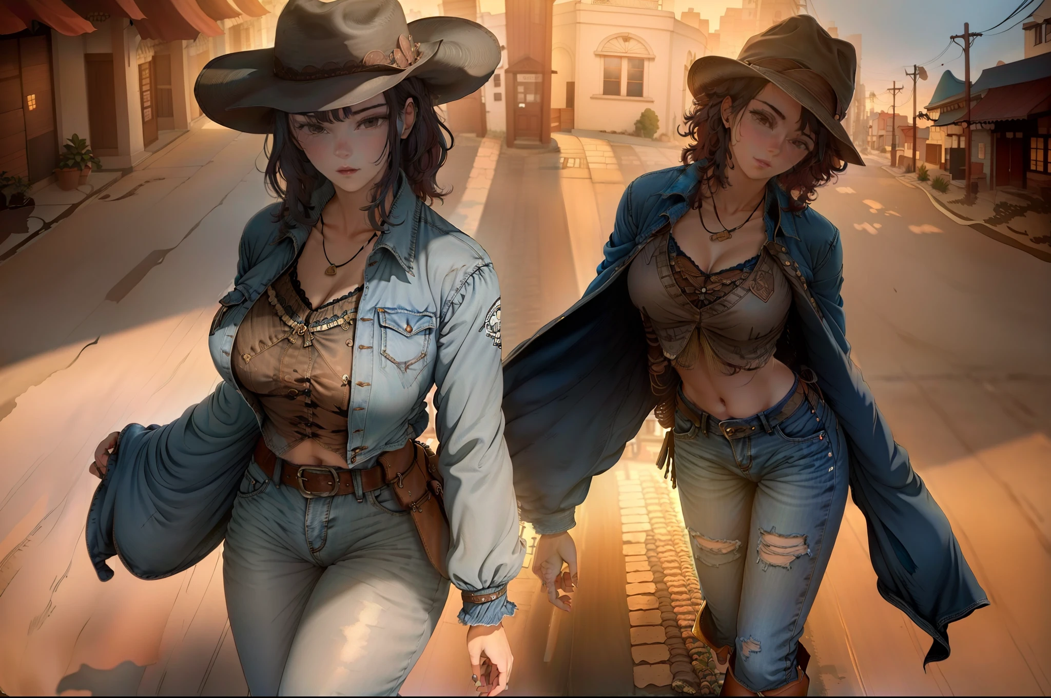 A beautiful cowgirl. She is in the middle of the street in a small town. She is holding two large revolvers, one in each hand, wearing denim clothes, a hat and high boots. Her hair is long and curly. It is a spectacular full body image with a low upward slanting angle.