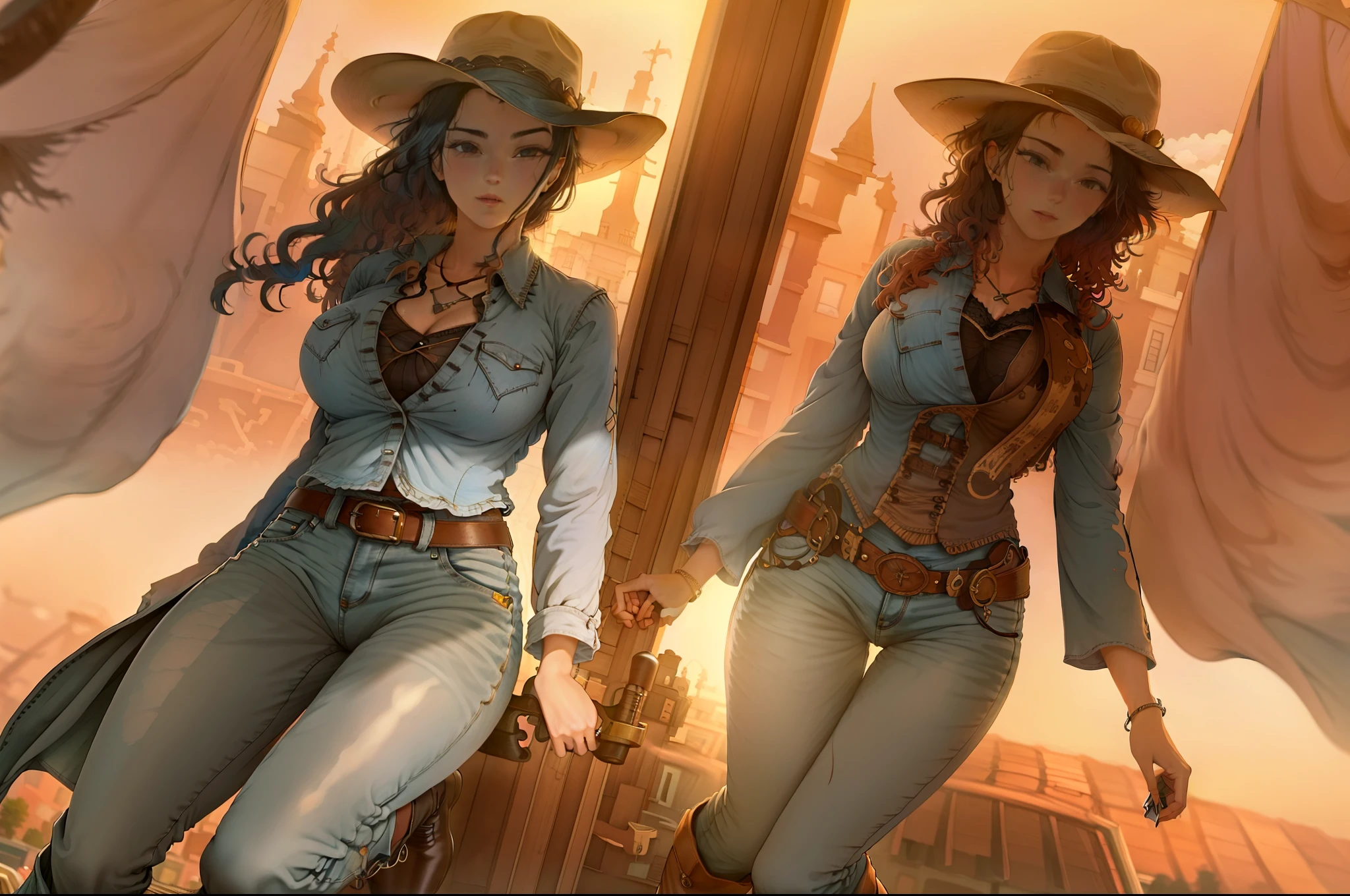 A beautiful cowgirl. She is in the middle of the street in a small town. She is holding two large revolvers, one in each hand, wearing denim clothes, a hat and high boots. Her hair is long and curly. It is a spectacular full body image with a low upward slanting angle.