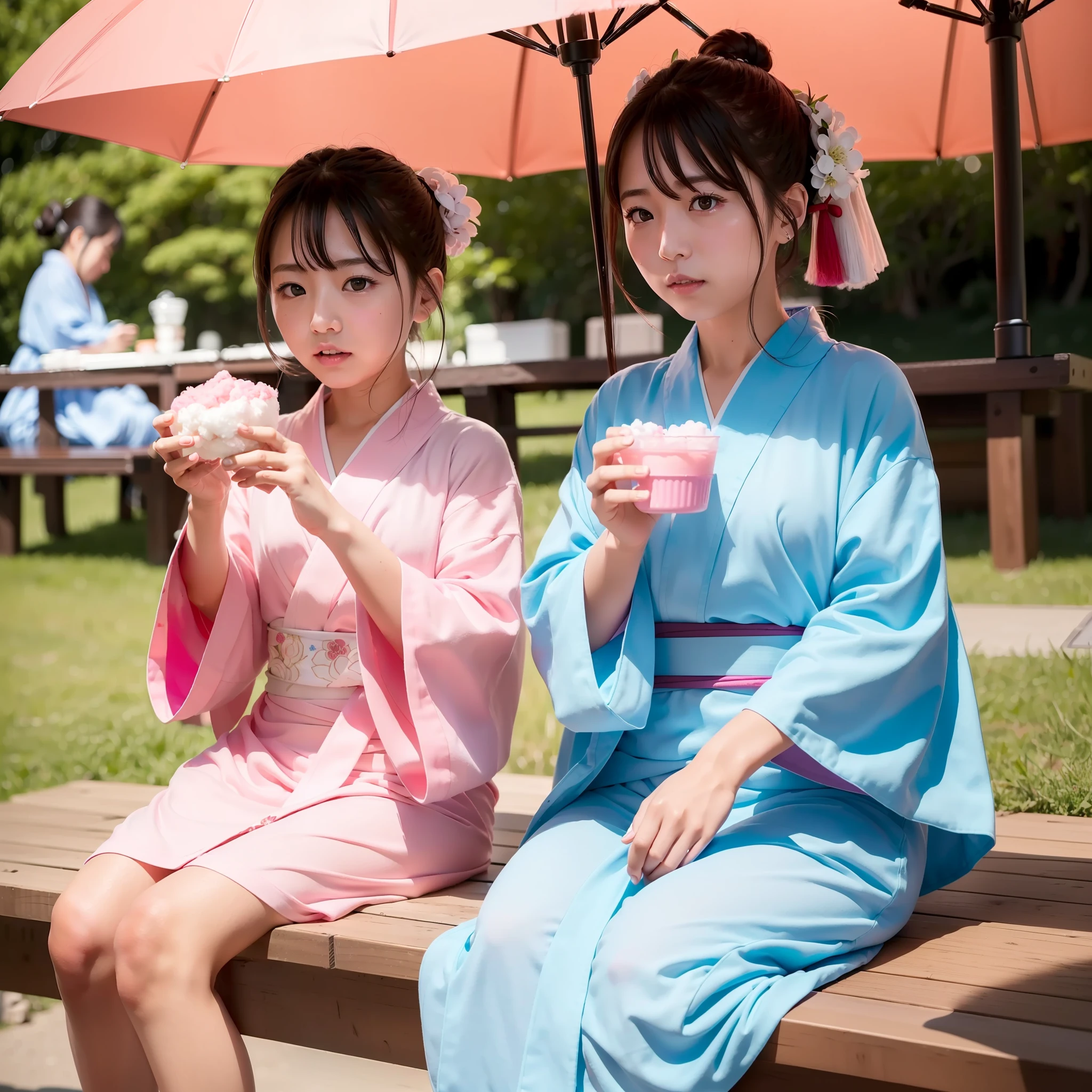 (in 8K、Raw photography、top-quality、masterpiece:1.2)、ultra-detailliert、Live-action girls、Japan girls eating cotton candy in yukata、