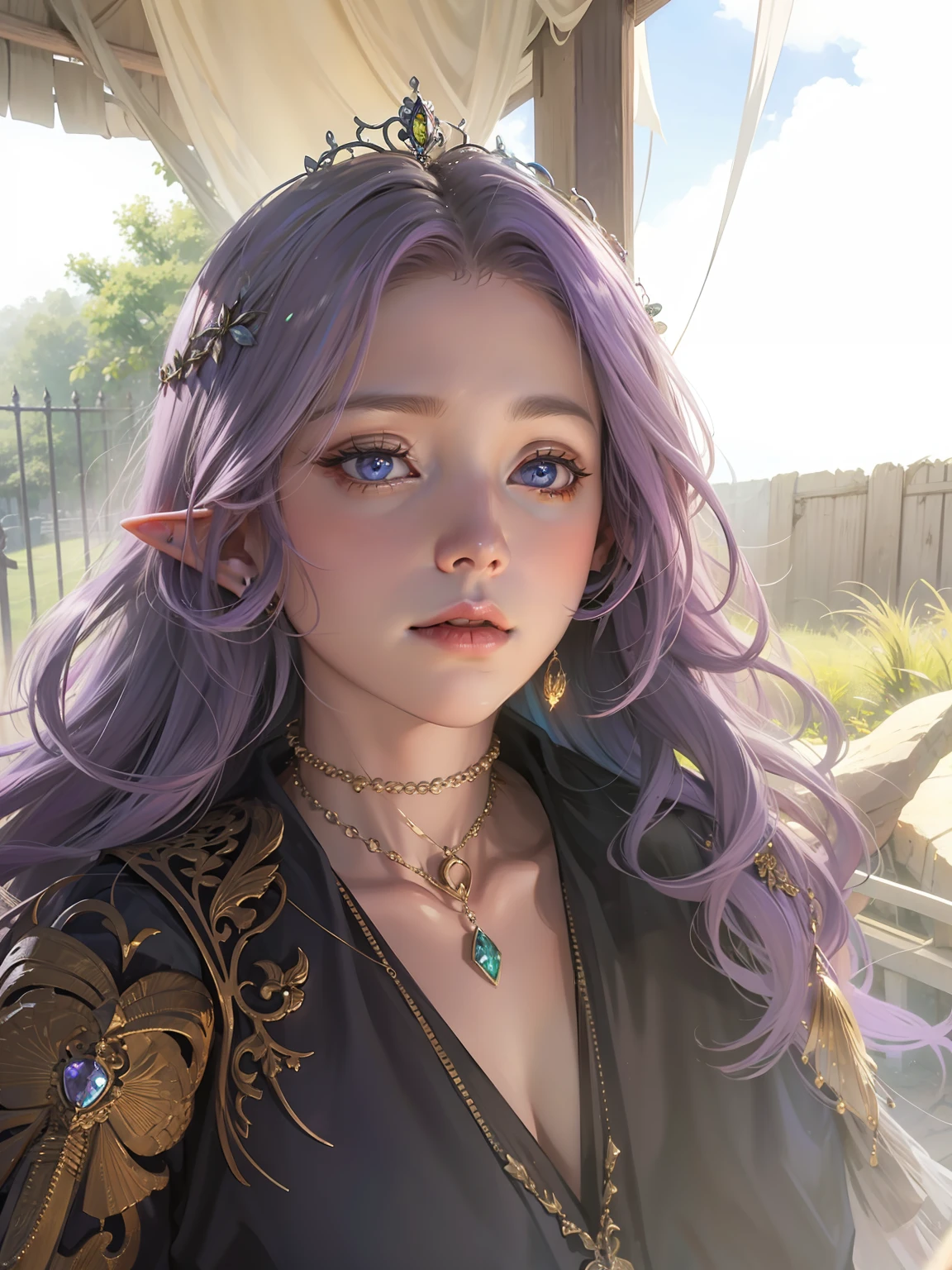 Elf woman with purple hair necklaces in crown , Mysterious forest, Glowing butterflies , leaves