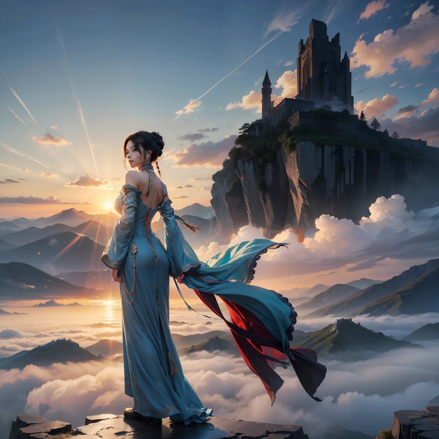 Sunset, Beautiful sunset，Layers of white clouds，White clouds rolling，A sea of clouds at your feet，A mountain range of mountains，Mountains，High stone mountains，On the edge of the cliff，1girl huge large breasts, backfacing， Black hair, Medium hair, Braided ponytail , Single braid, （siluette），Whole-body perspective，Light blue dress，Hanfu，horizon，The light from the back window is backlighted,sky town，Gothic，Optimal viewing distance，Super detailed，巨作，hightquality