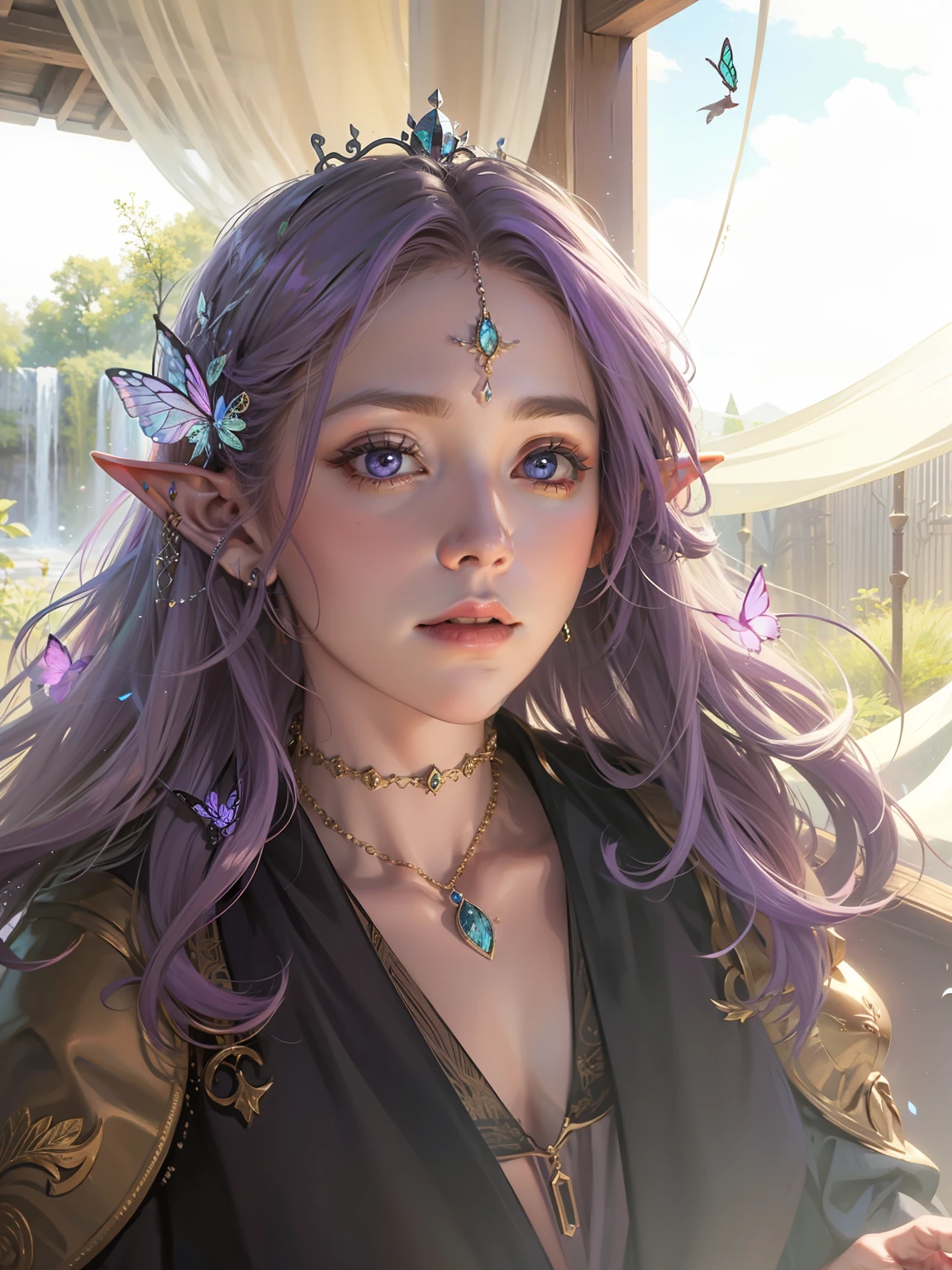 Elf woman with purple hair necklaces in crown , Mysterious forest, Glowing butterflies , leaves