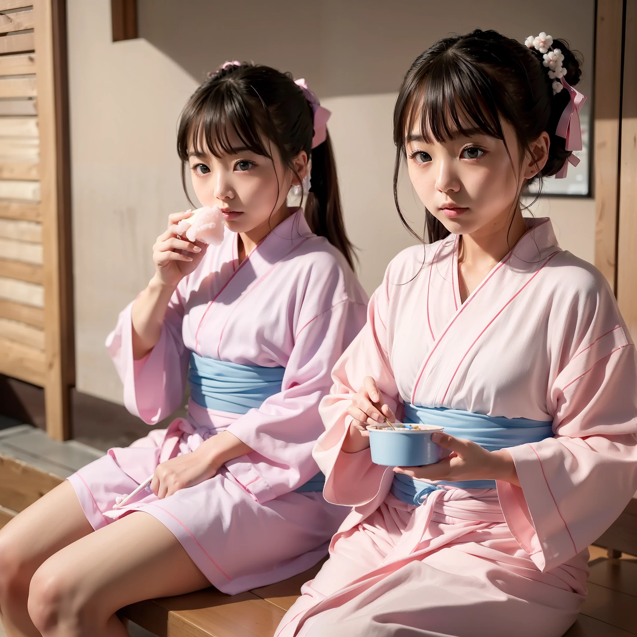 (in 8K、Raw photography、top-quality、masterpiece:1.2)、ultra-detailliert、Live-action girls、Japan girls eating cotton candy in yukata、