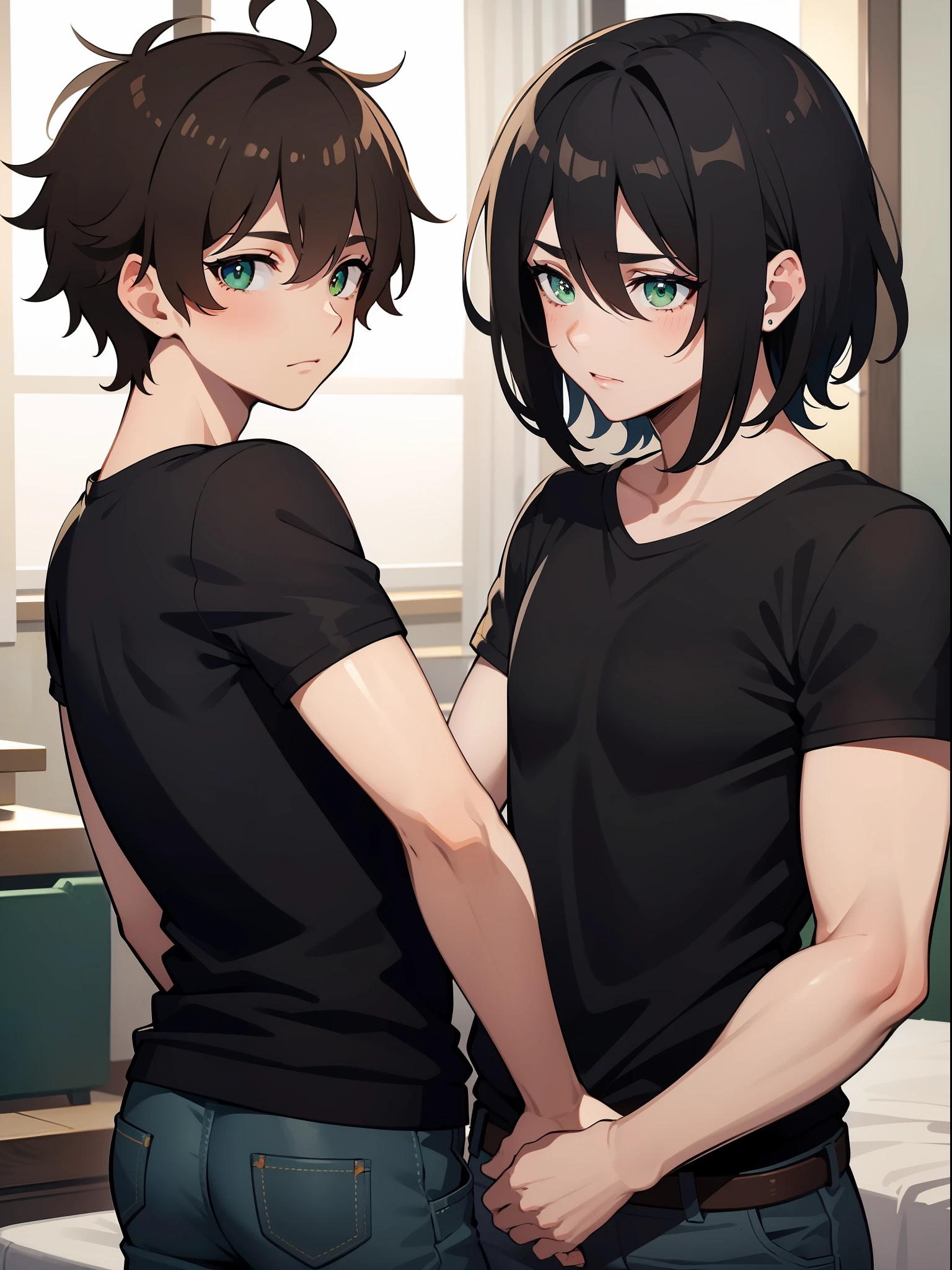 Um homem muito bonito, magro, com dark brown hair, messy short dark brown hair, com dark greenish eyes, olhos verdes escuros, com um camiseta branca justa, with tight pants,