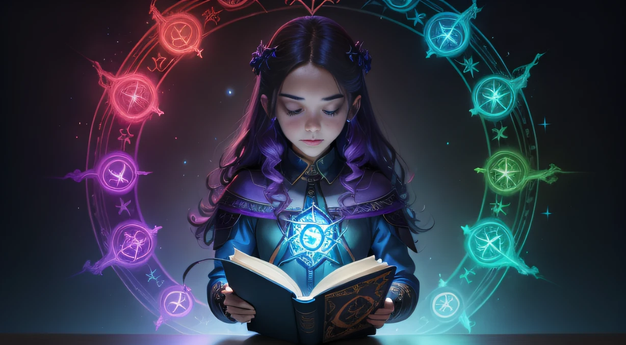 Colorful, the wallpaper, energy, Unknown terror, Arcane, magic around, magic around, wands, Books, Flight page, omniscient, Predicting the future, Learn about the past, Infinite wisdom, Blue Flame, Warlock, Magic Circles, pentacle, Spells, Spells, Singing magic,The little witch casts magic