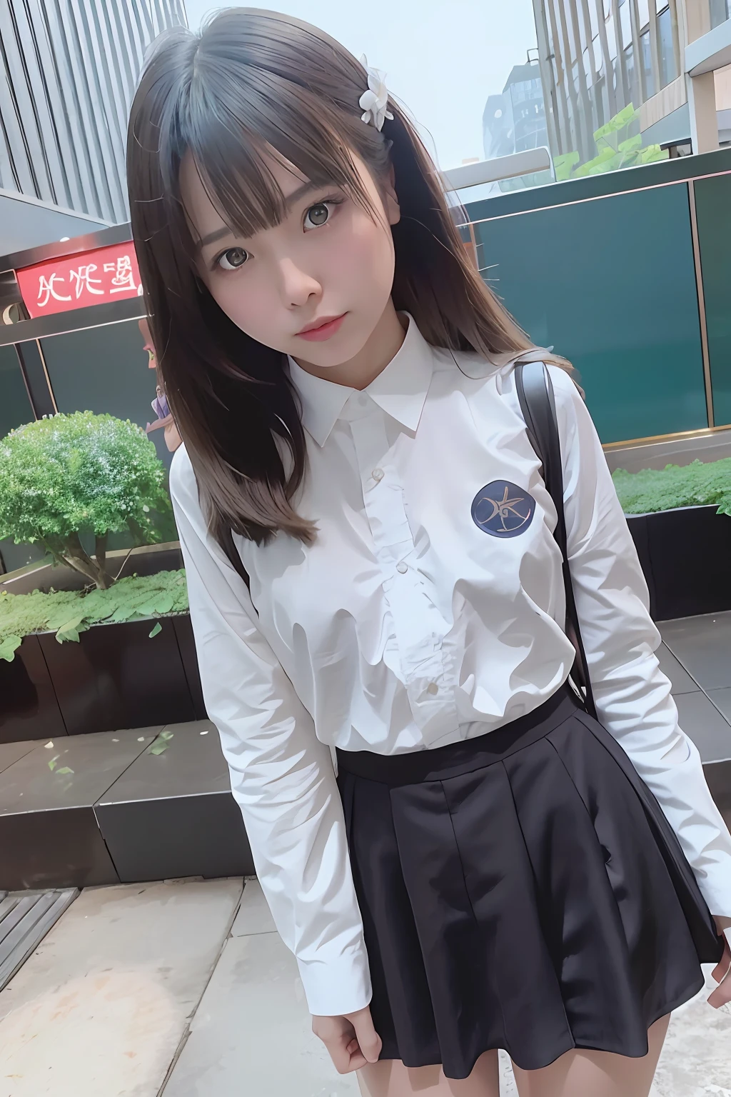 Masterpiece, best picture quality, one beautiful girl, detailed eyes, swollen eyes, brown hair, long hair, fair skin, sexy, cute, cute legs, short skirt, Japanese woman, Asian beauty, magical world, moonlight, abandoned building, strong eyes, professional lighting, bright lighting, double eyelids, slender, assassin, black clothes, angry expression, Japanese woman, Asian beauty,