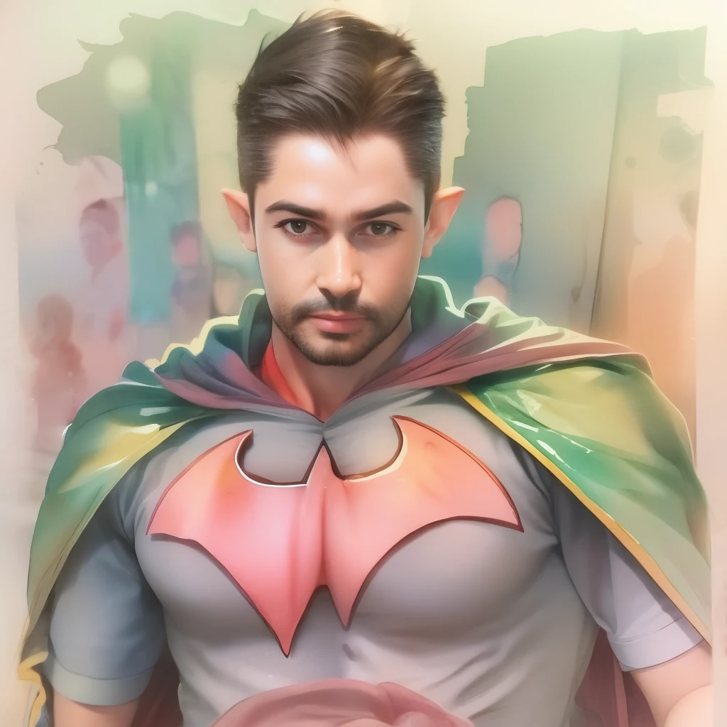 A watercolor and pencil drawing of a man in a 31-year-old Batman outfit with short dark brown hair, rosto sexy, olhos castanhos, barba aparada, corpo inteiro, corpo magro em forma, cores frias, fundo noite com lua cheia