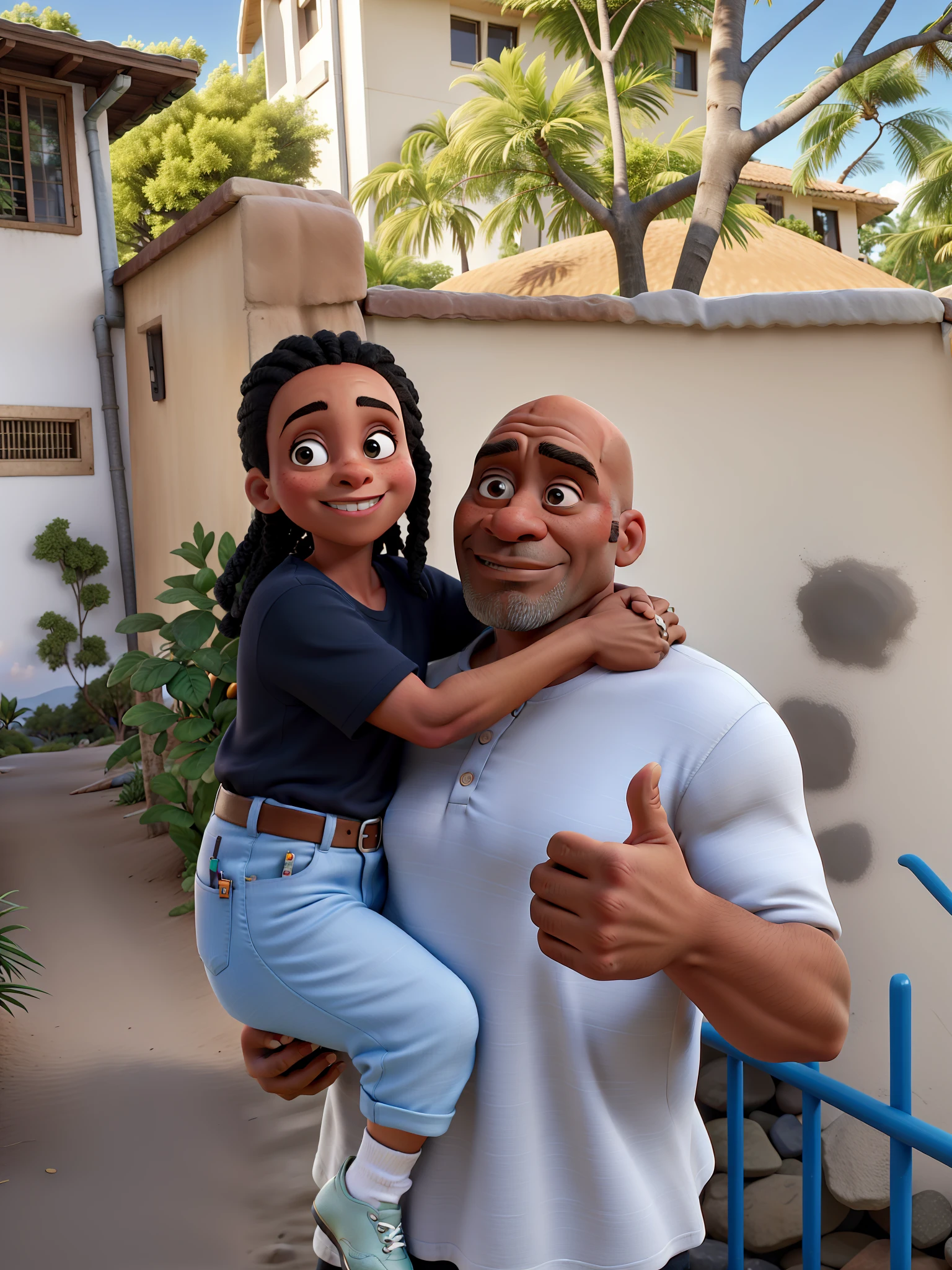 there is a bald man of about 35 years, com barba ultra detalhada, pele negra bem detalhada, camiseta cinza extremamente definida, colar de ouro ultra definida, com uma menina ((baby)) child of approximately 3 years, com cabelo enrolado ultra detalhado. They're both giving the thumbs up, imagem de perfil ultra iluminado e definida, cinematic lighthing, profesional lighting, Ao fundo, A beautiful beach with an orange sunset, ultra detalhado com coqueiros flores e piso antigo, 8k