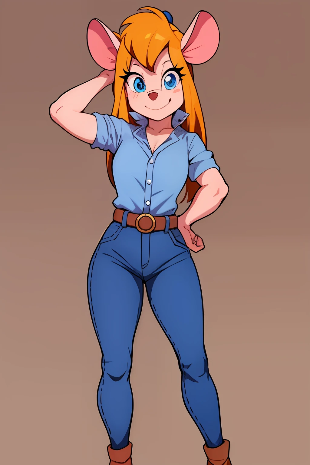 gadget_hackwrench, tiro de cowboy, sorriso, solo, Denim Jeans Pants, botas altas, jaqueta pequena, (alta qualidade: 1.2), obra-prima, detalhado, highres, 4k, foco nítido, estilo simples, desenho animado, [[anime]]